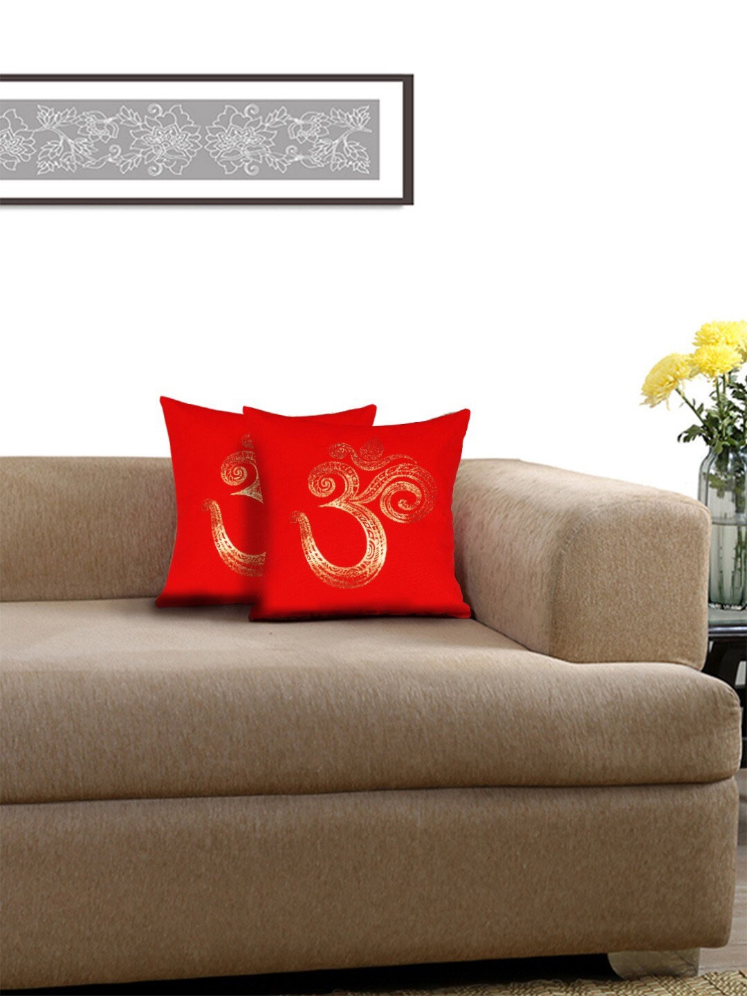 Lushomes Red & Gold-Toned 2 Pieces Ethnic Motifs Cotton Square Cushion Covers