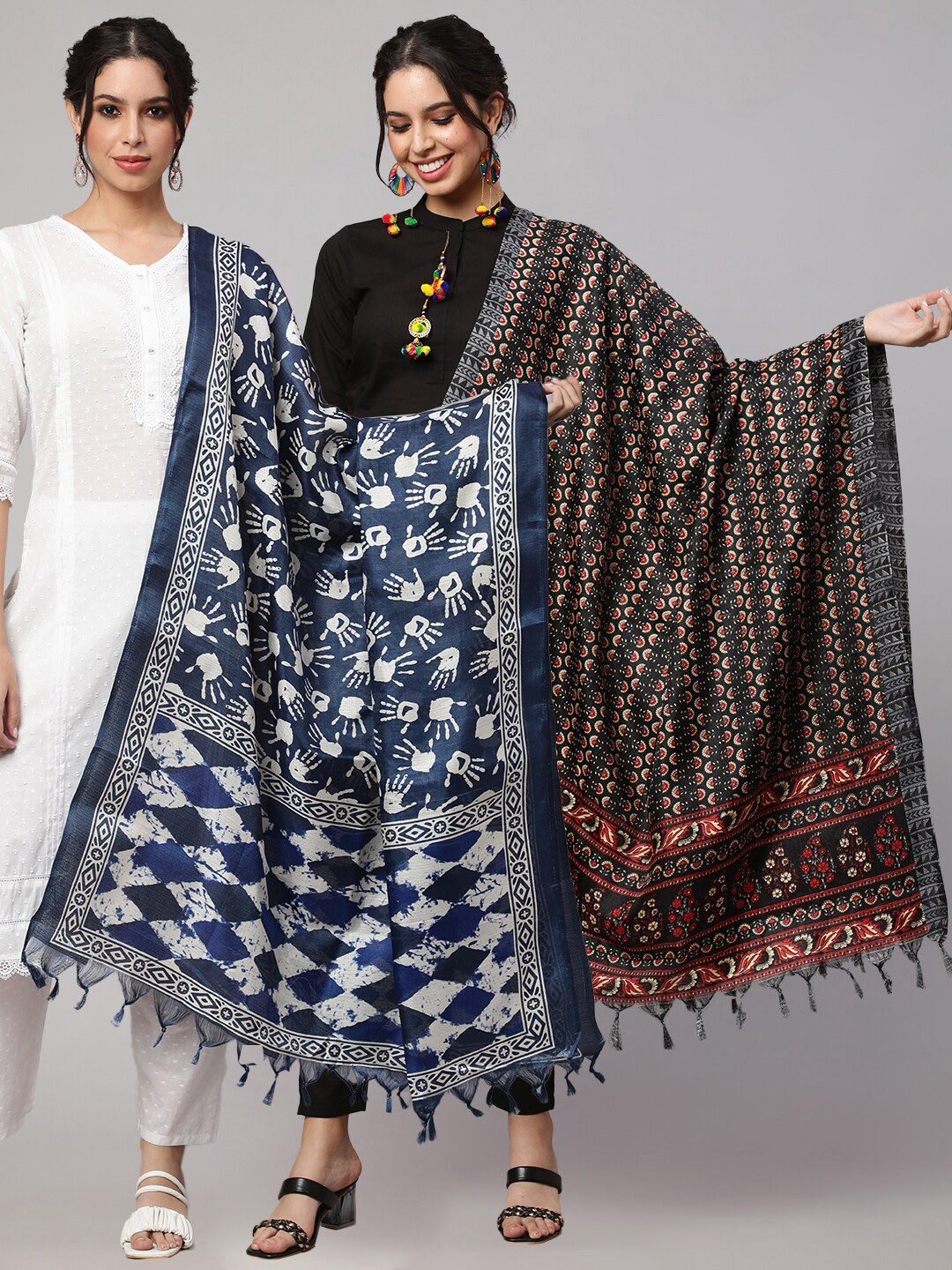 

Nayo Set Of 2 Ethnic Motifs Printed Art Silk Dupatta, Navy blue