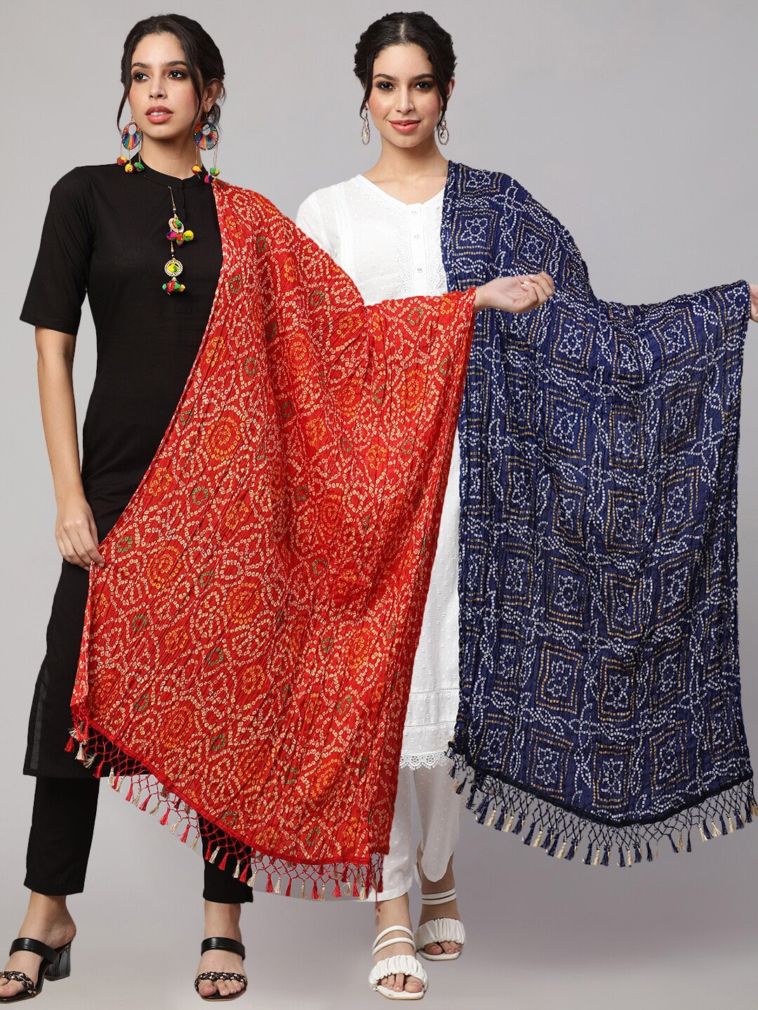 

Nayo Set Of 2 Bandhani Printed Art Silk Dupatta, Navy blue
