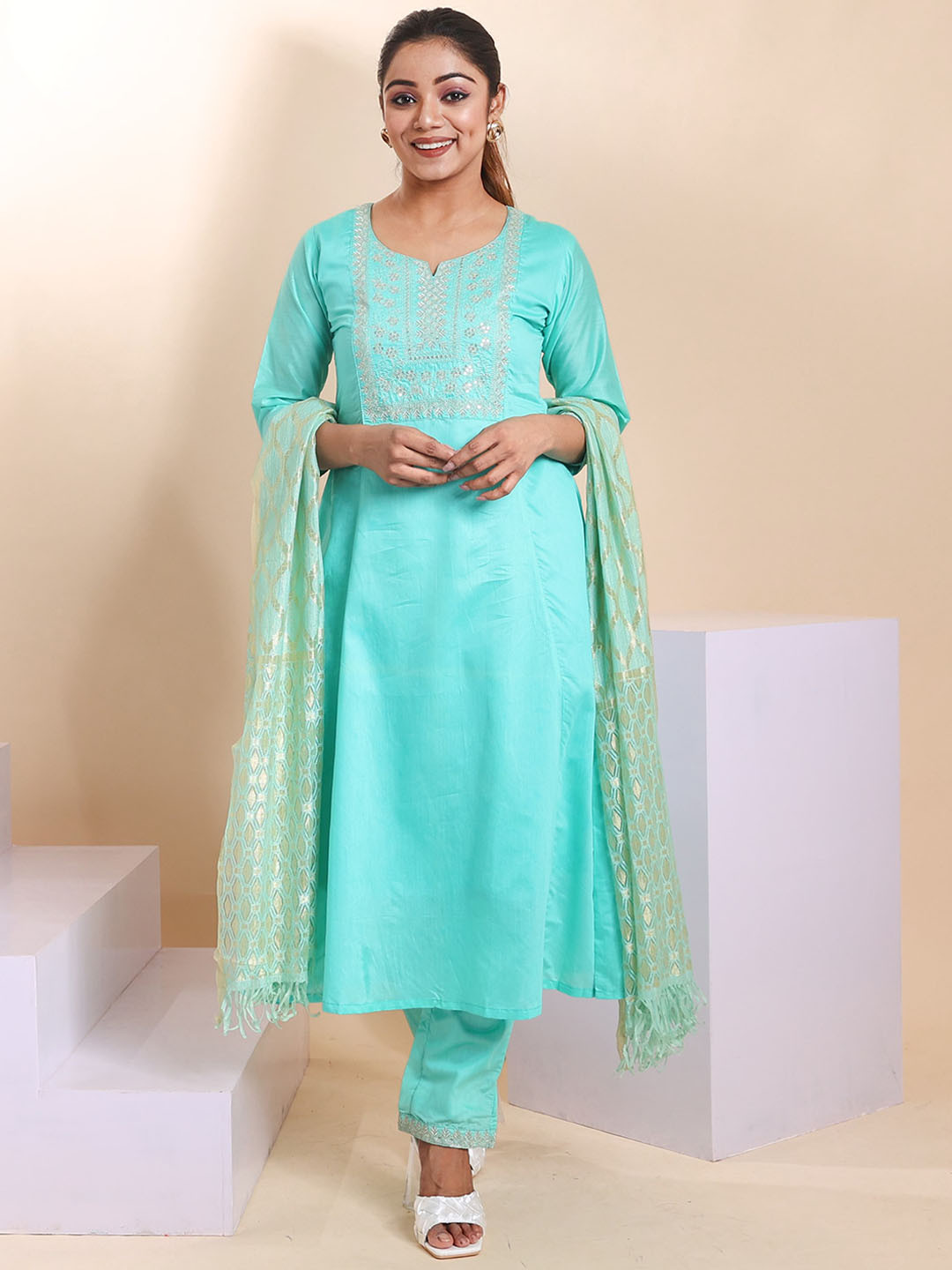 

Disli Ethnic Motifs Yoke Design Sequined Pure Silk Kurta With Trousers & Dupatta, Turquoise blue