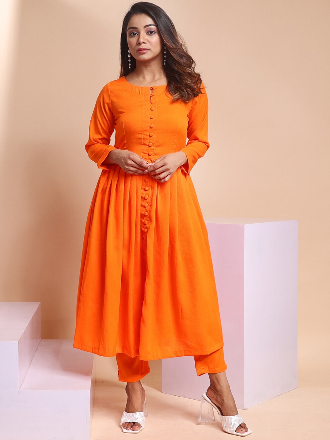 

Disli Round Neck Silk Crepe Anarkali Kurta With Trousers, Orange