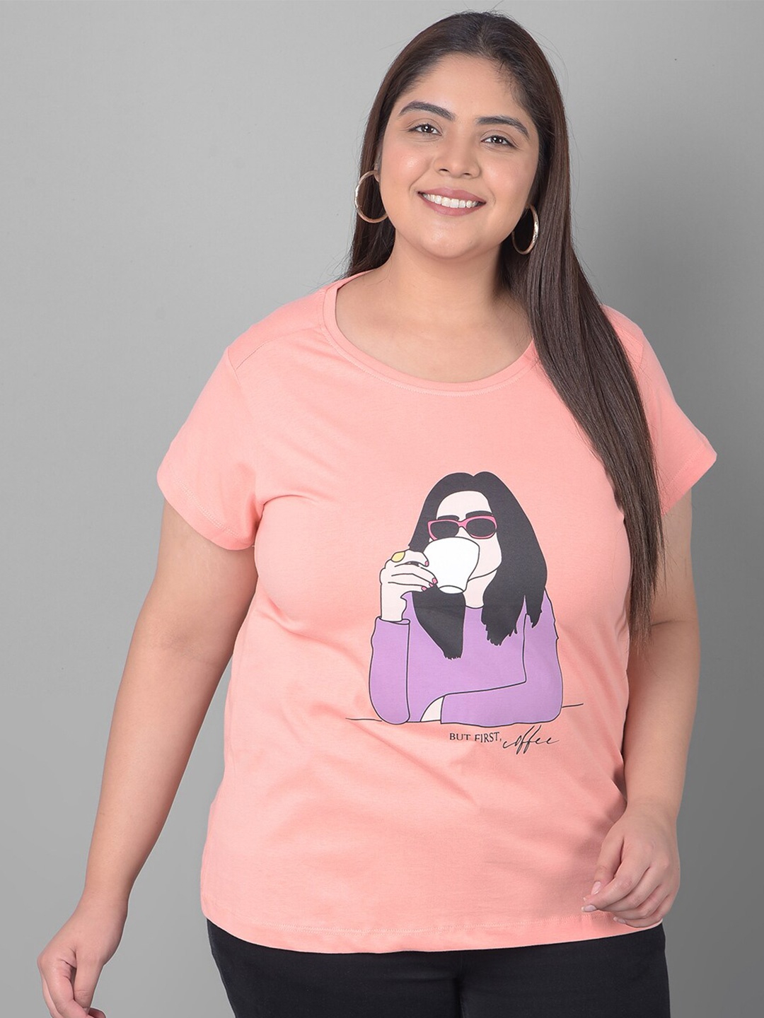 

Club York Plus Size Graphic Printed Round Neck Shirt Sleeves T-shirt, Peach