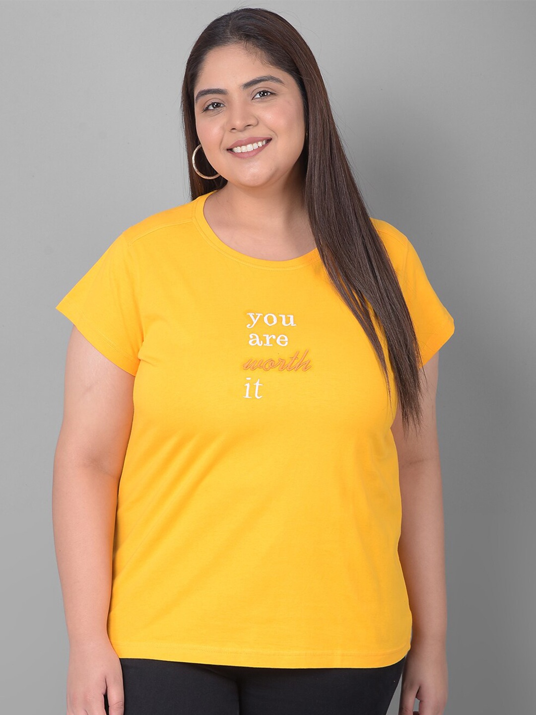 

Club York Plus Size Typography Printed Round Neck Shirt Sleeves T-shirt, Yellow