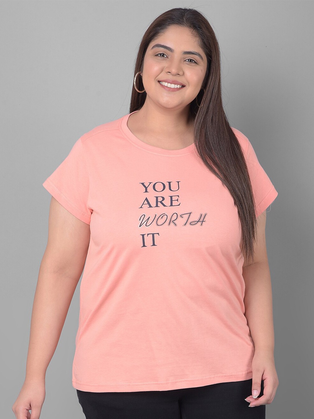 

Club York Plus Size Typography Printed Round Neck Shirt Sleeves T-shirt, Peach