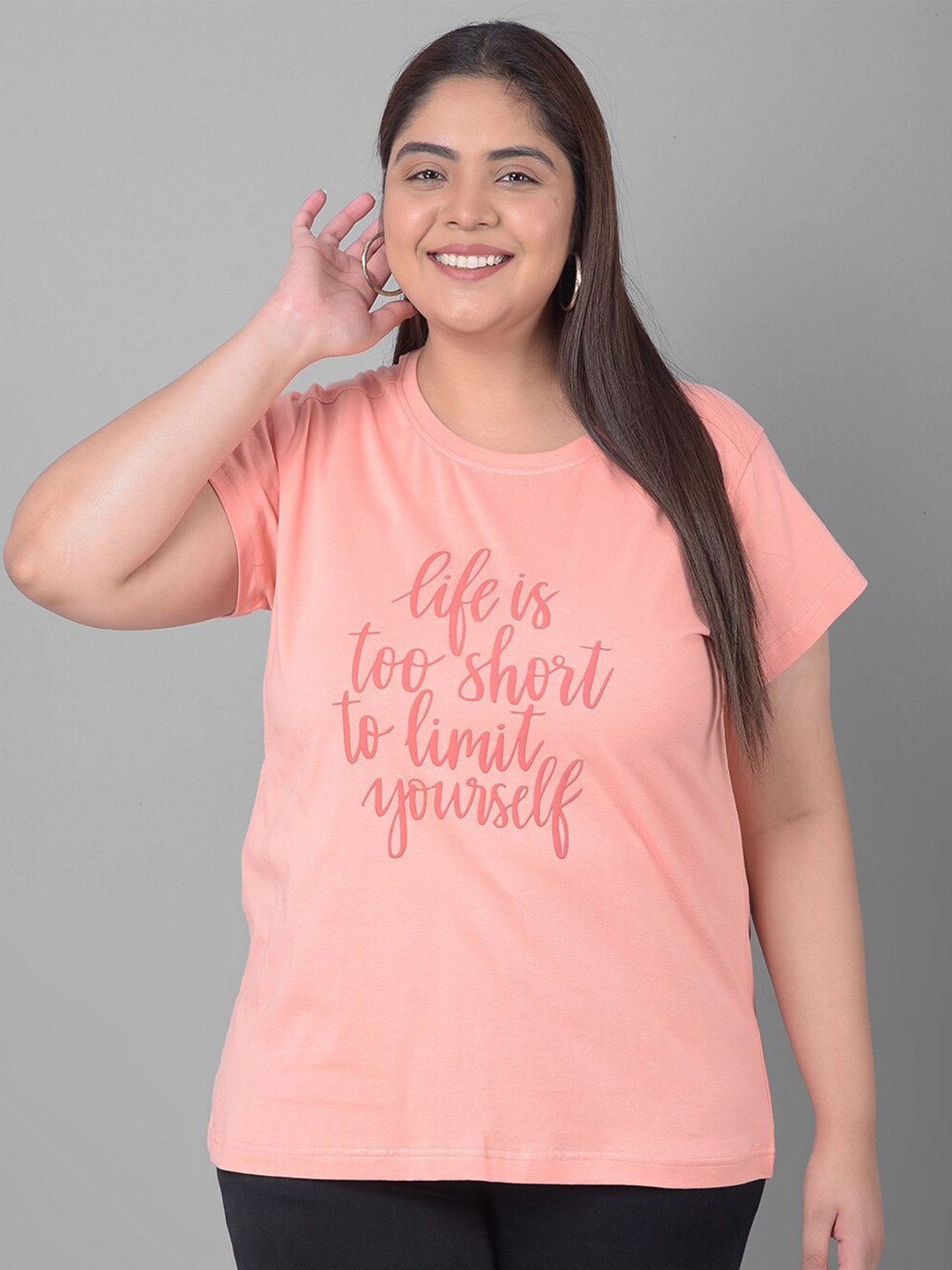 Club York Plus Size Typography Printed Round Neck Shirt Sleeves T-shirt, Peach