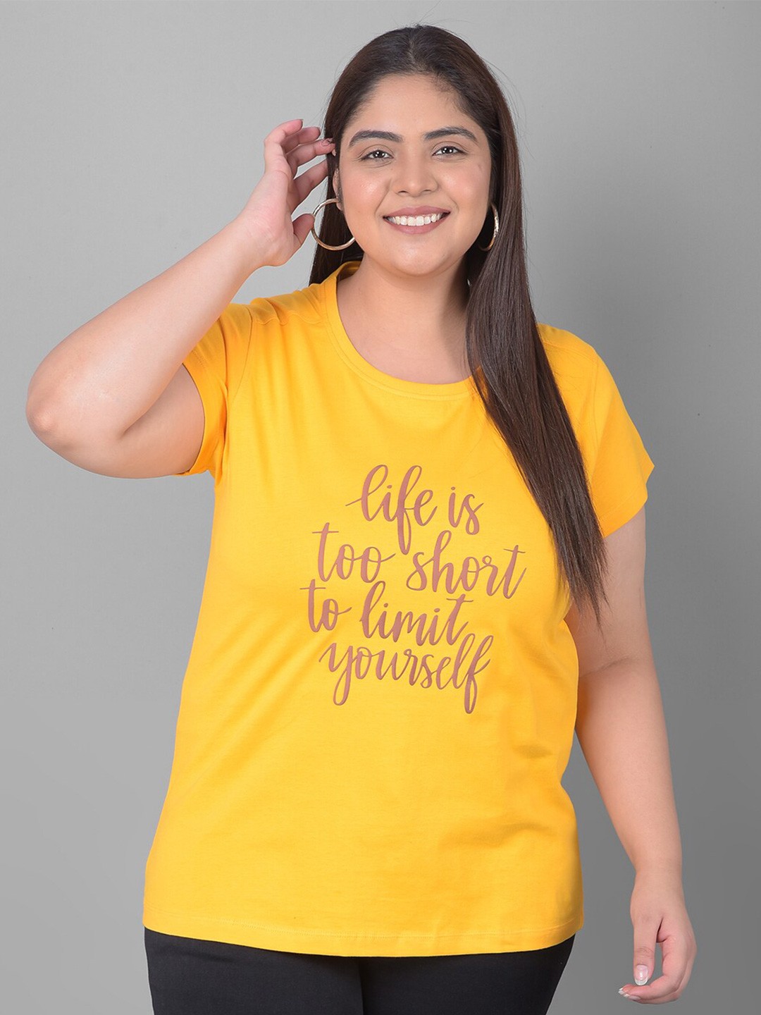 

Club York Plus Size Typography Printed Round Neck Shirt Sleeves T-shirt, Yellow