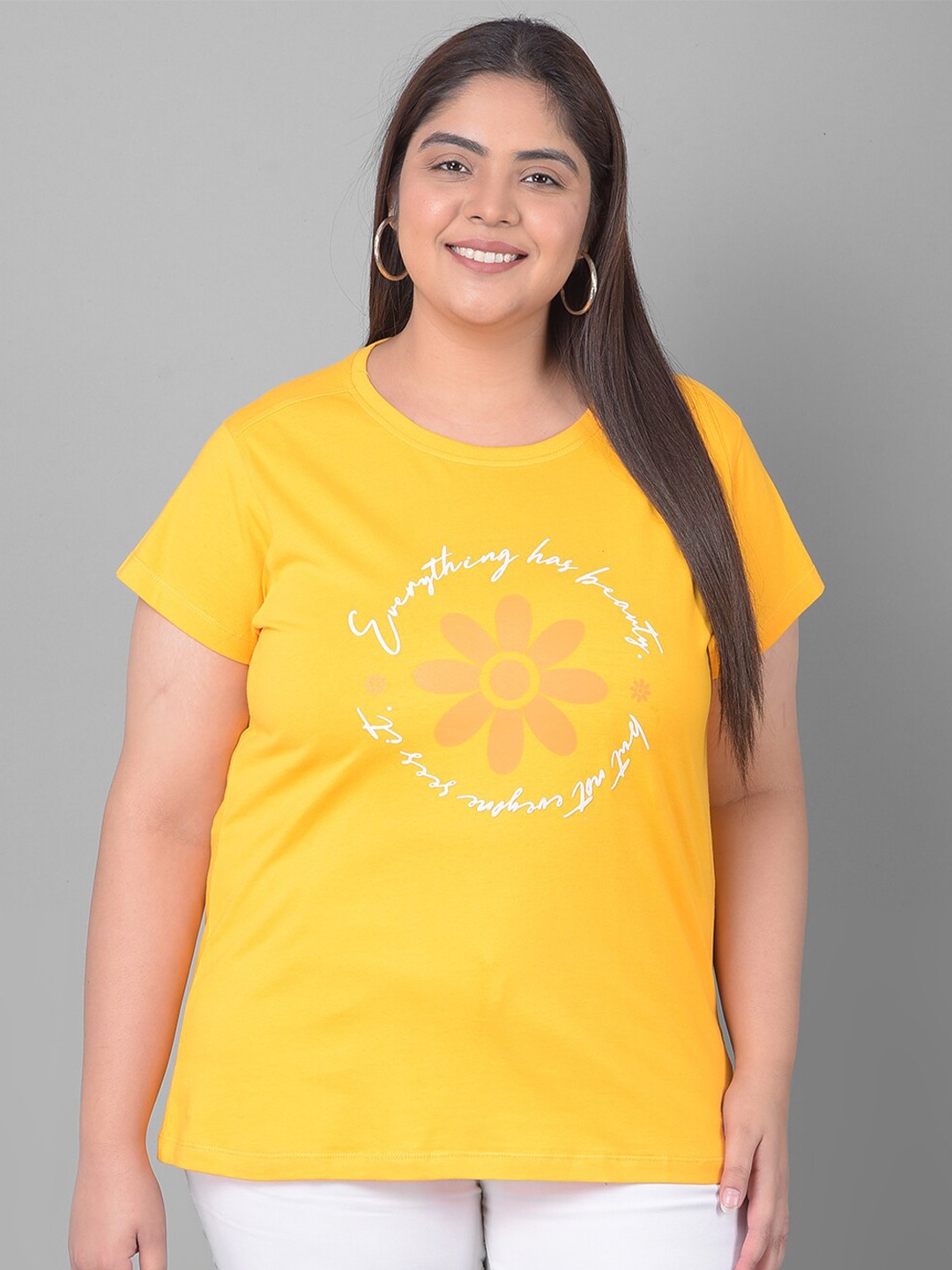 

Club York Plus Size Typography Printed Cotton T-shirt, Yellow