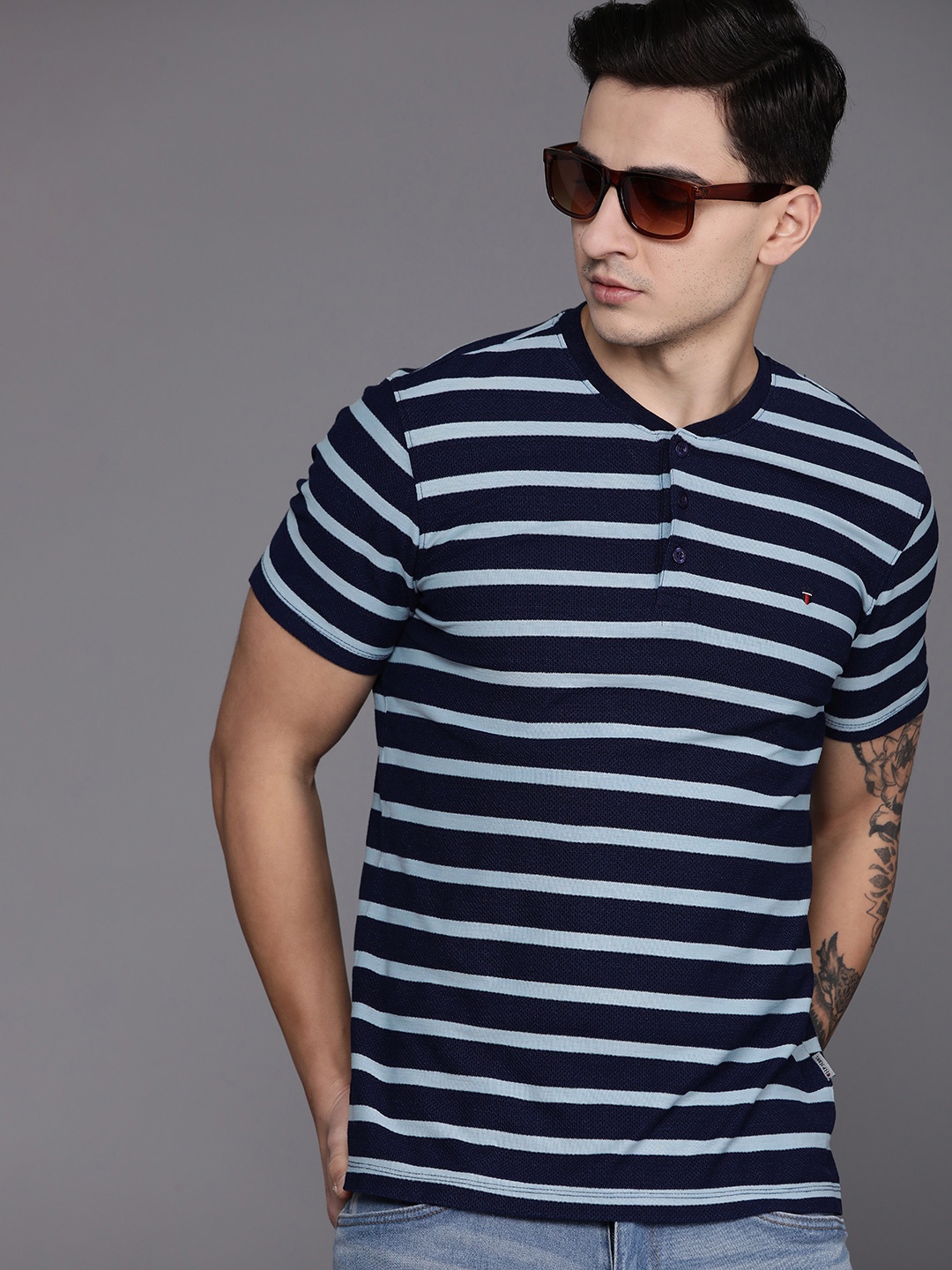 

Louis Philippe Jeans Striped Henley Neck Pure Cotton Slim Fit T-shirt, Navy blue