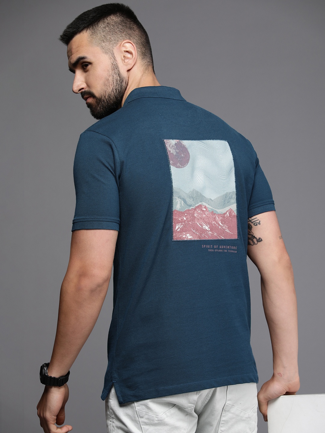 

Louis Philippe Jeans Printed Polo Collar Pure Cotton Slim Fit T-shirt, Navy blue