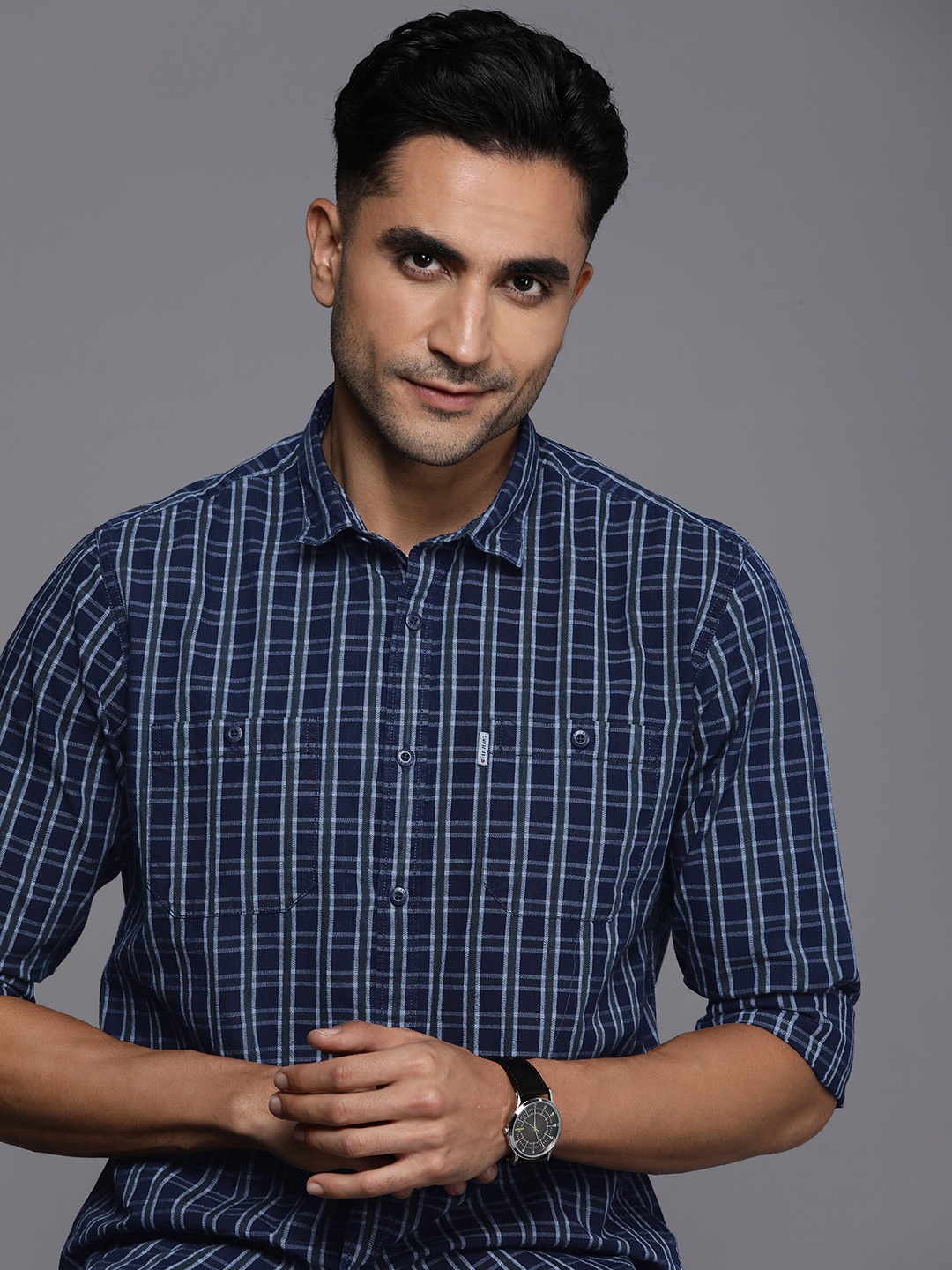 

Louis Philippe Jeans Slim Fit Checked Pure Cotton Casual Shirt, Navy blue