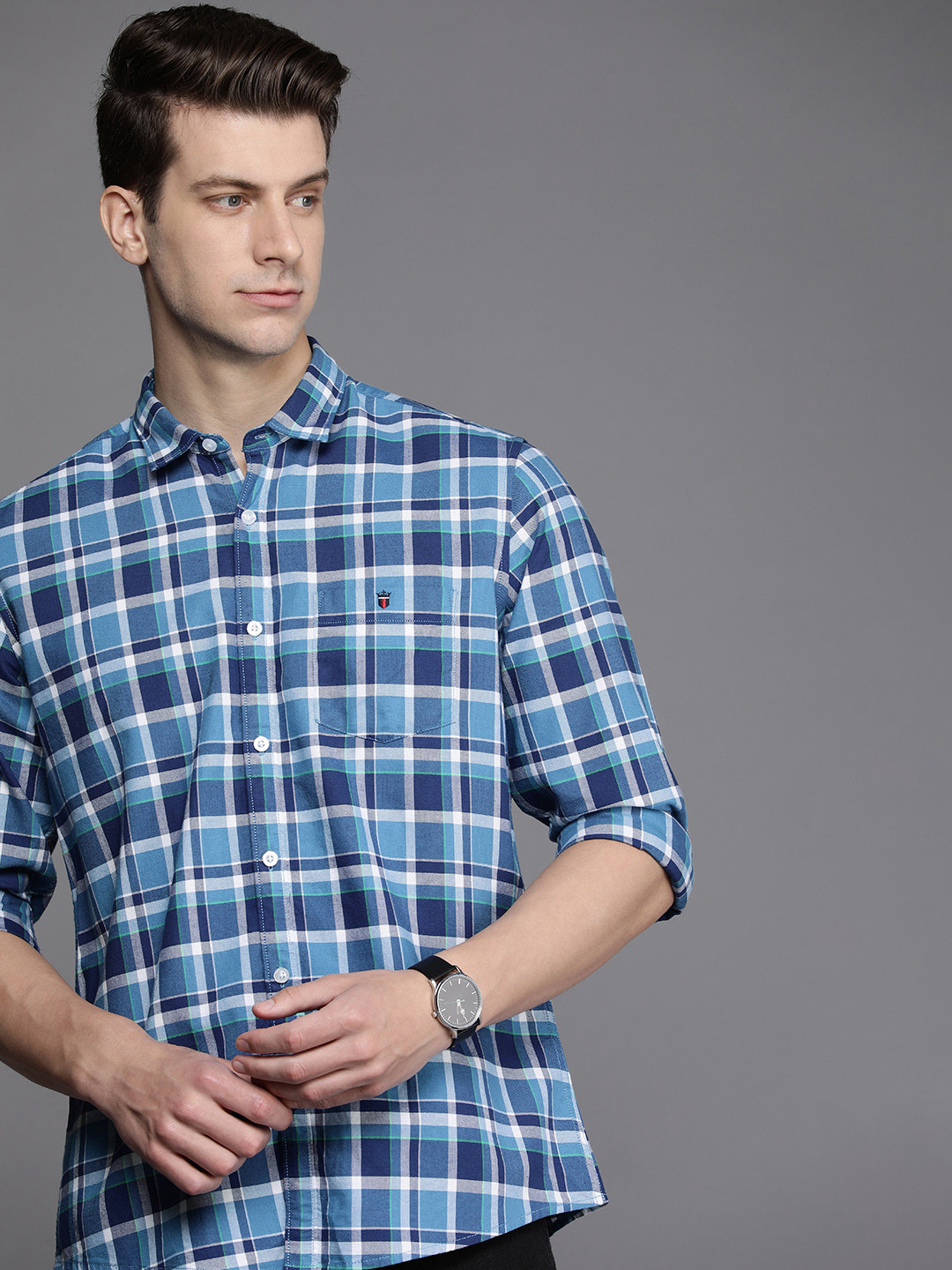 

Louis Philippe Jeans Pure Cotton Slim Fit Checked Casual Shirt, Blue