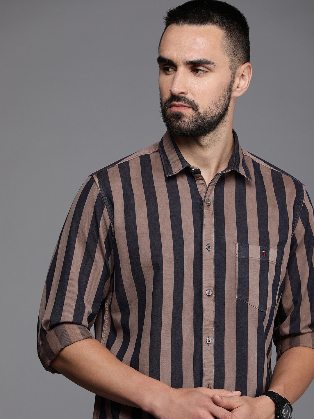 

Louis Philippe Jeans Slim Fit Striped Pure Cotton Casual Shirt, Mauve