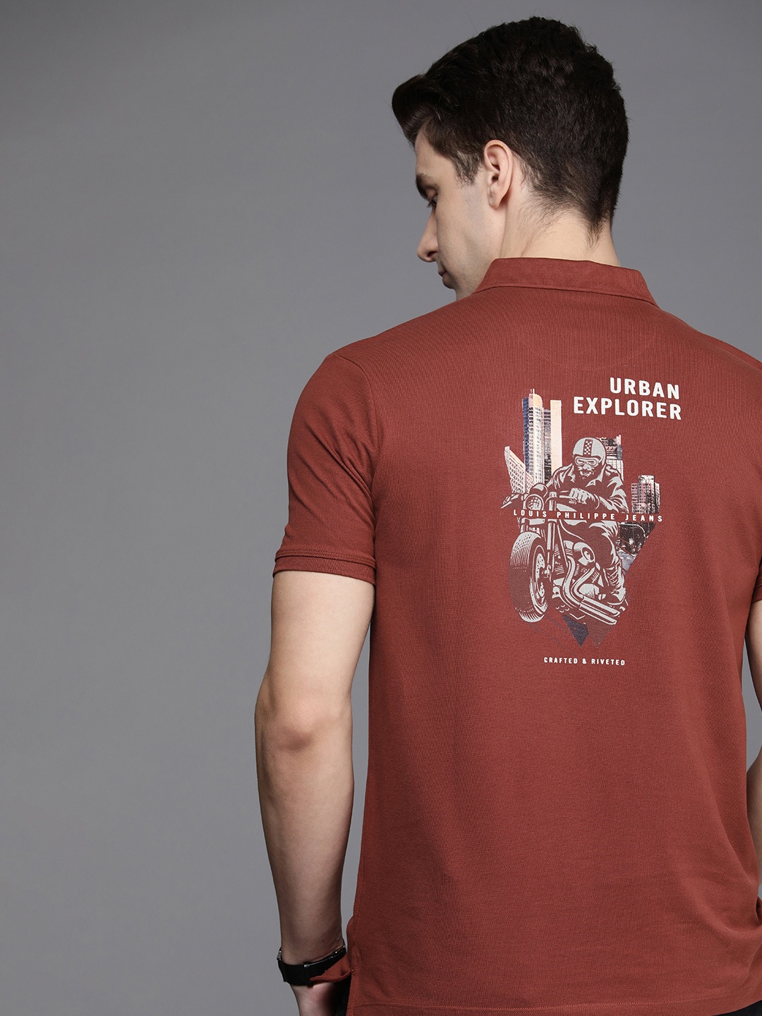 

Louis Philippe Jeans Printed Polo Collar Pure Cotton Slim Fit T-shirt, Maroon