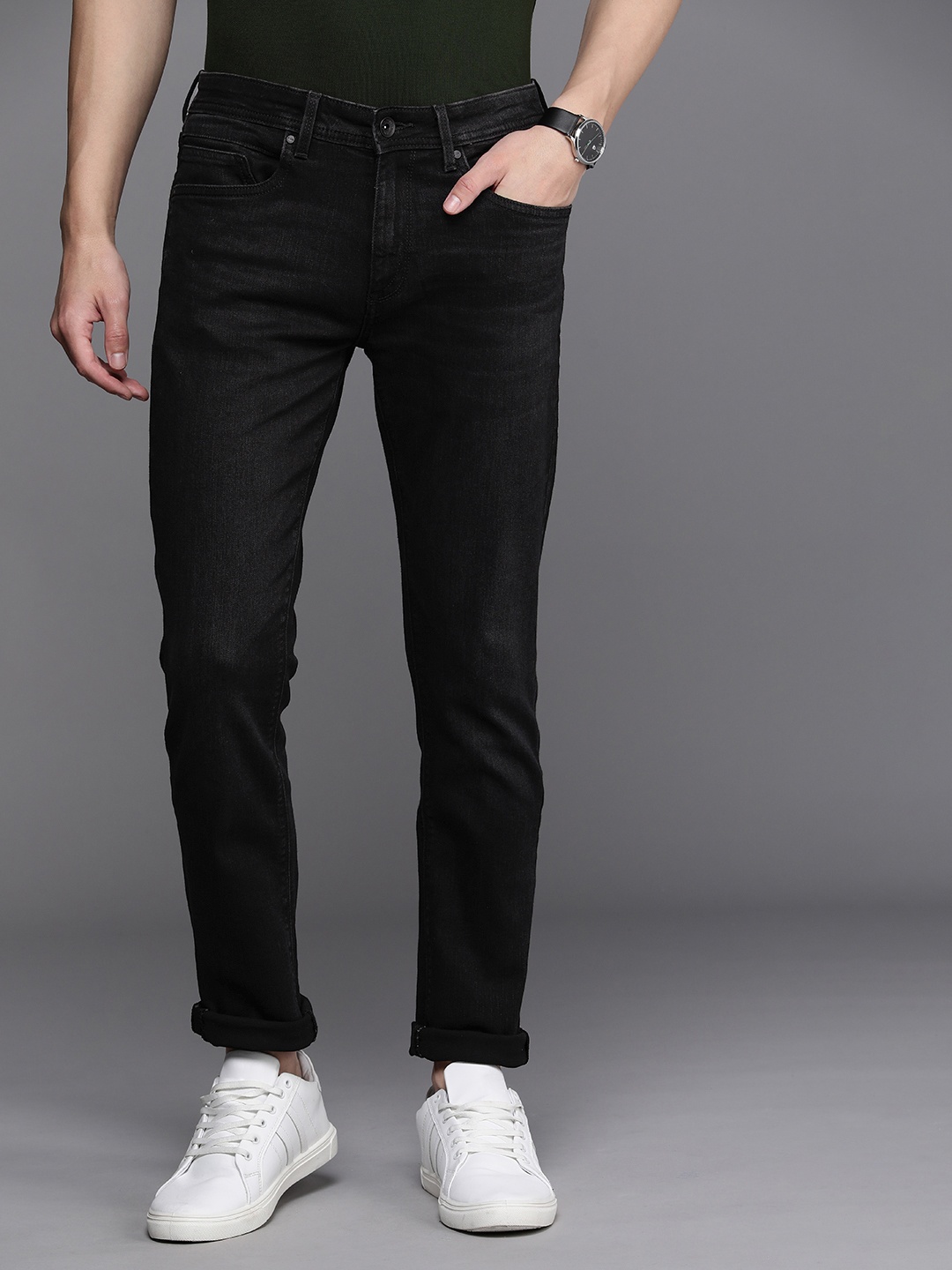 

Louis Philippe Jeans Men Mid-Rise Slim Tapered Fit Light Fade Stretchable Jeans, Black