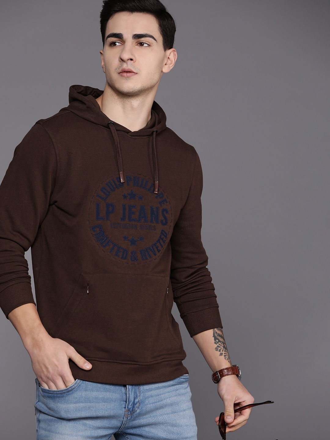 

Louis Philippe Jeans Men Embroidered Hooded Sweatshirt, Brown