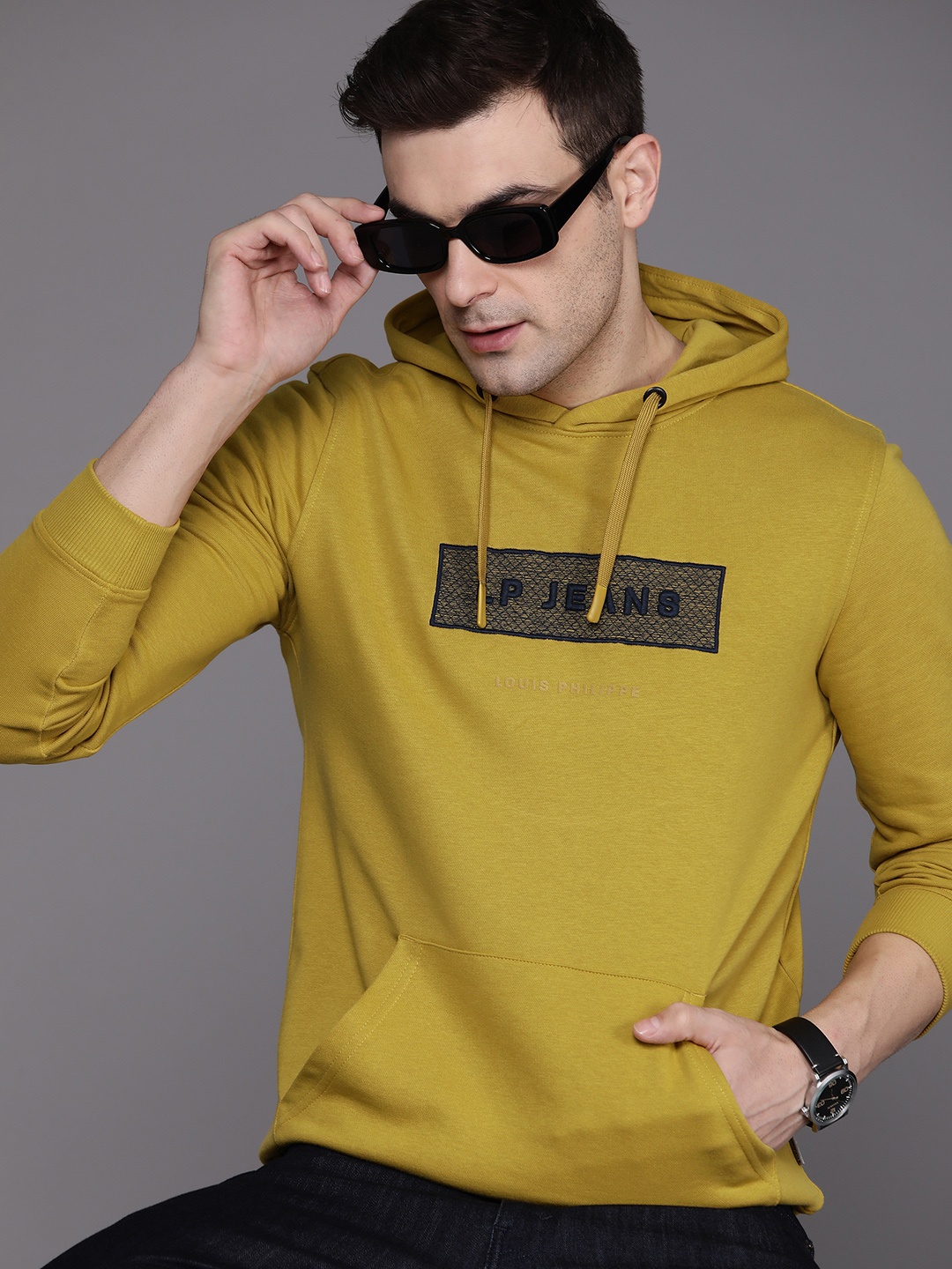

Louis Philippe Jeans Men Embroidered Hooded Sweatshirt, Mustard