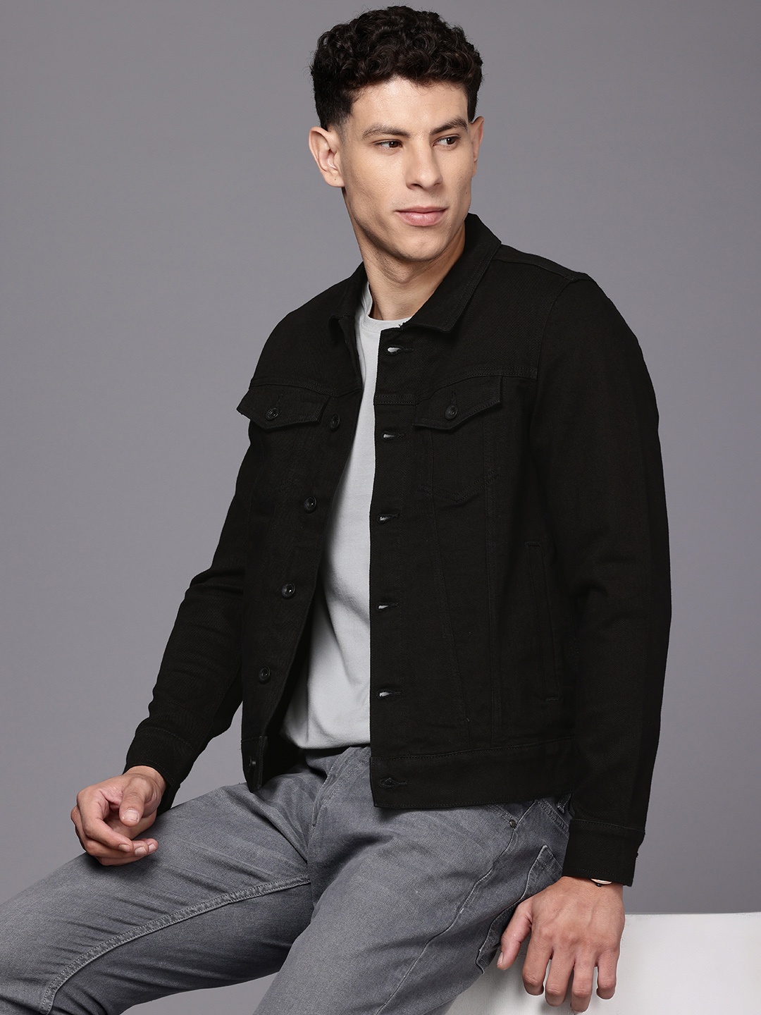 

Louis Philippe Jeans Spread Collar Casual Denim Jacket, Black