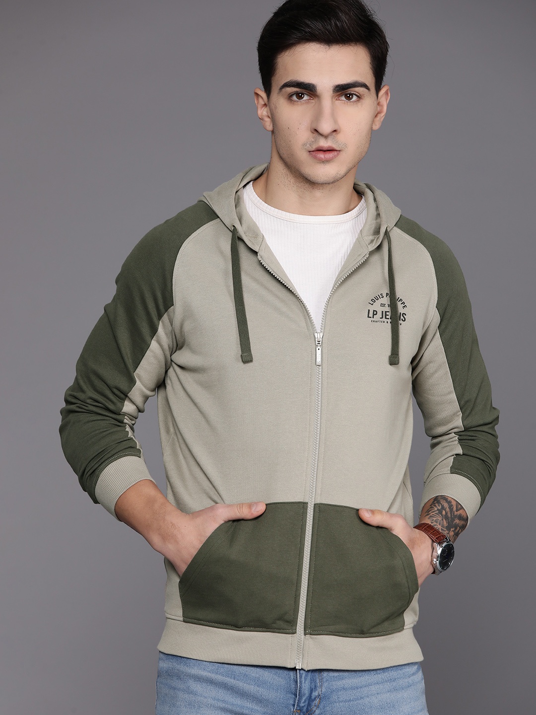 

Louis Philippe Jeans Men Colourblocked Pure Cotton Hooded Sweatshirt, Beige