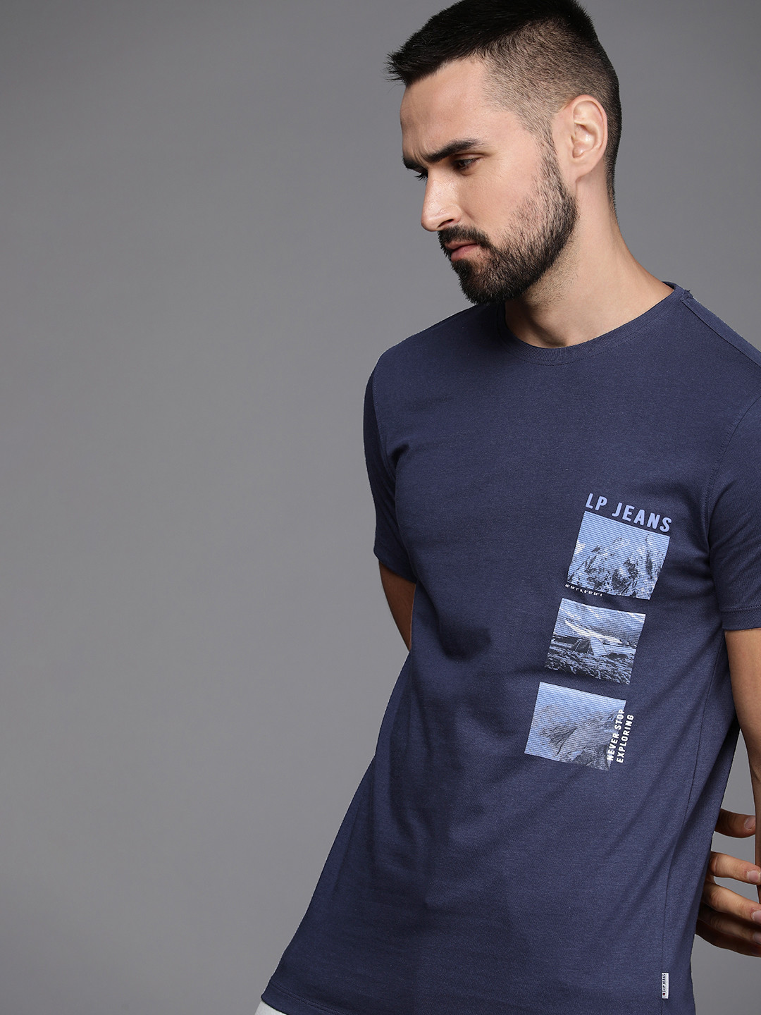 

Louis Philippe Jeans Printed Pure Cotton Slim Fit T-shirt, Navy blue
