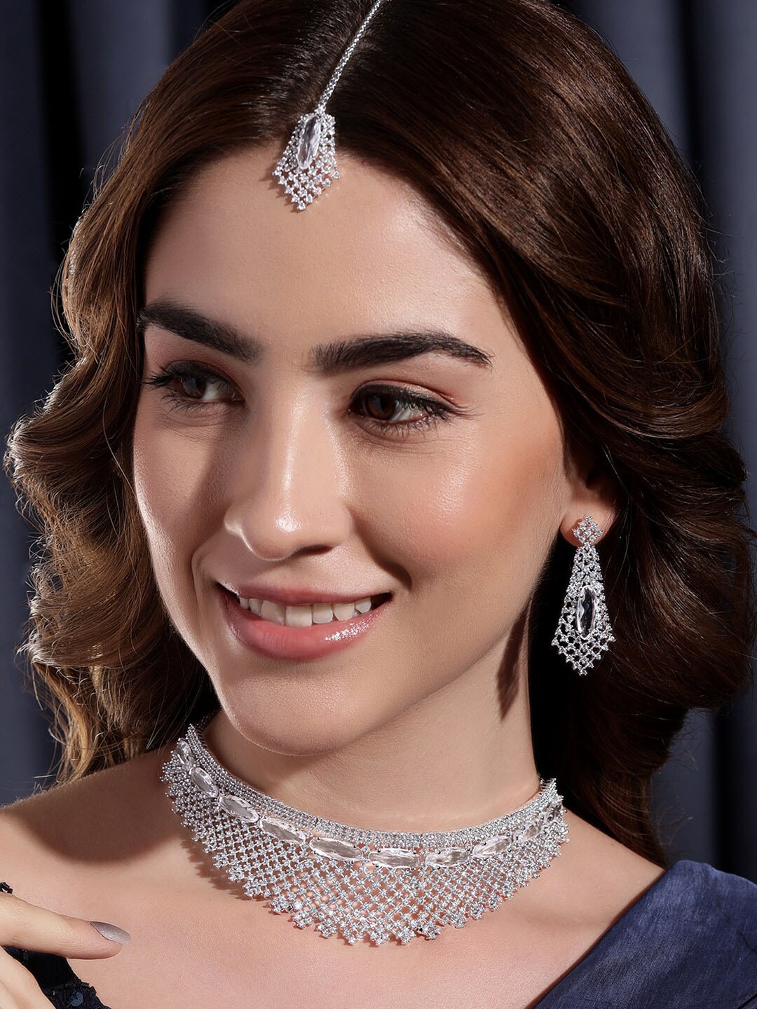 

Rubans Rhodium Plated Cubic Zirconia Studded Jewellery Set With Maang Tikka, Silver
