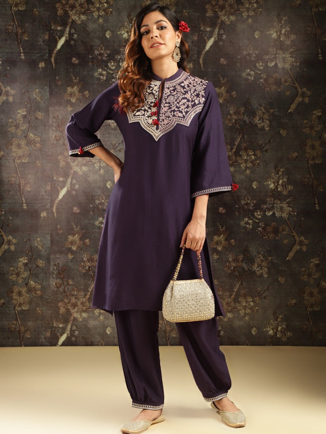 

Lakshita Floral Yoke Design Zardozi Regular Kurta with Trousers, Purple