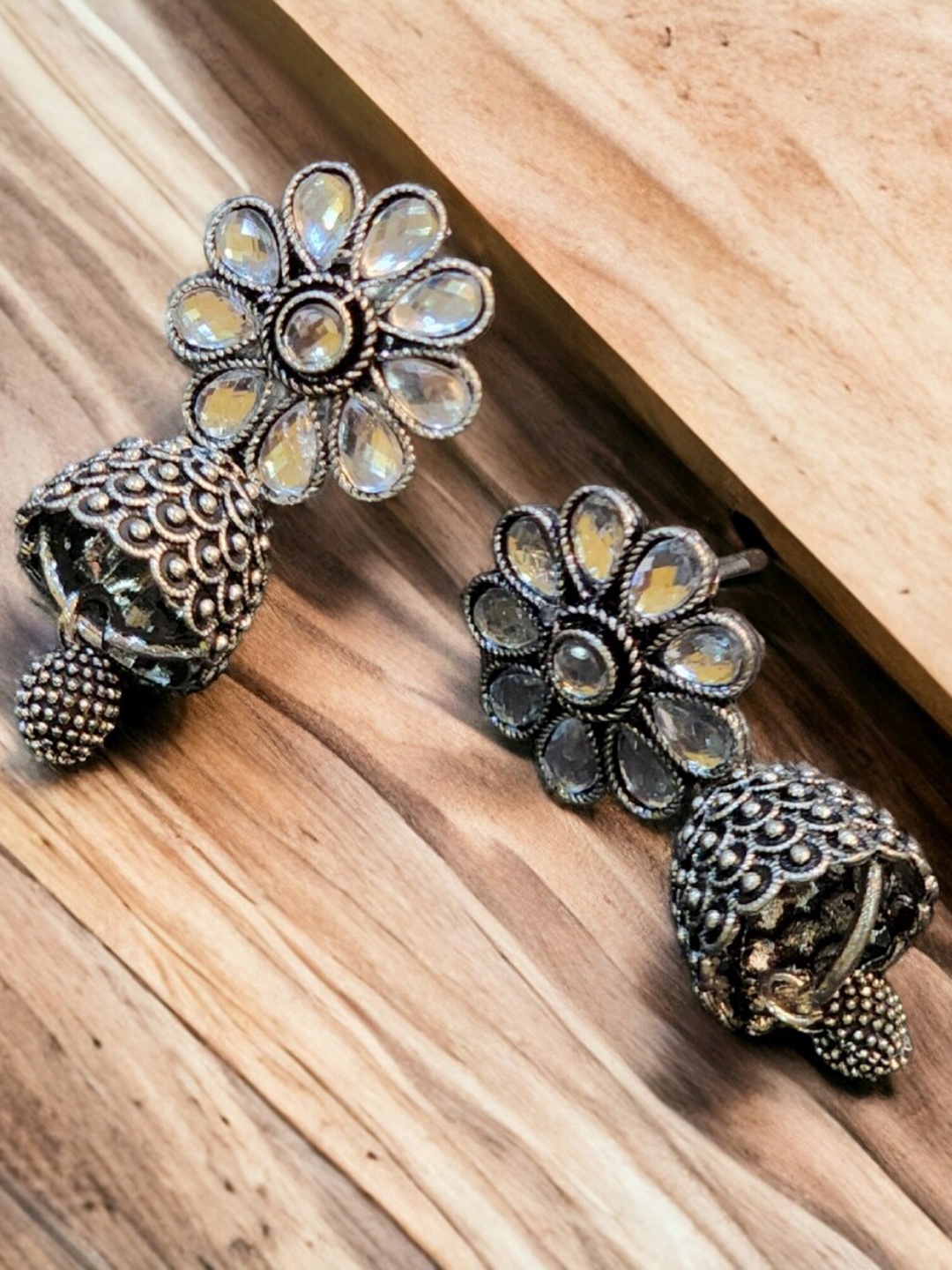 

Goldnera Stone-Studded Antique Floral Jhumkas, Silver