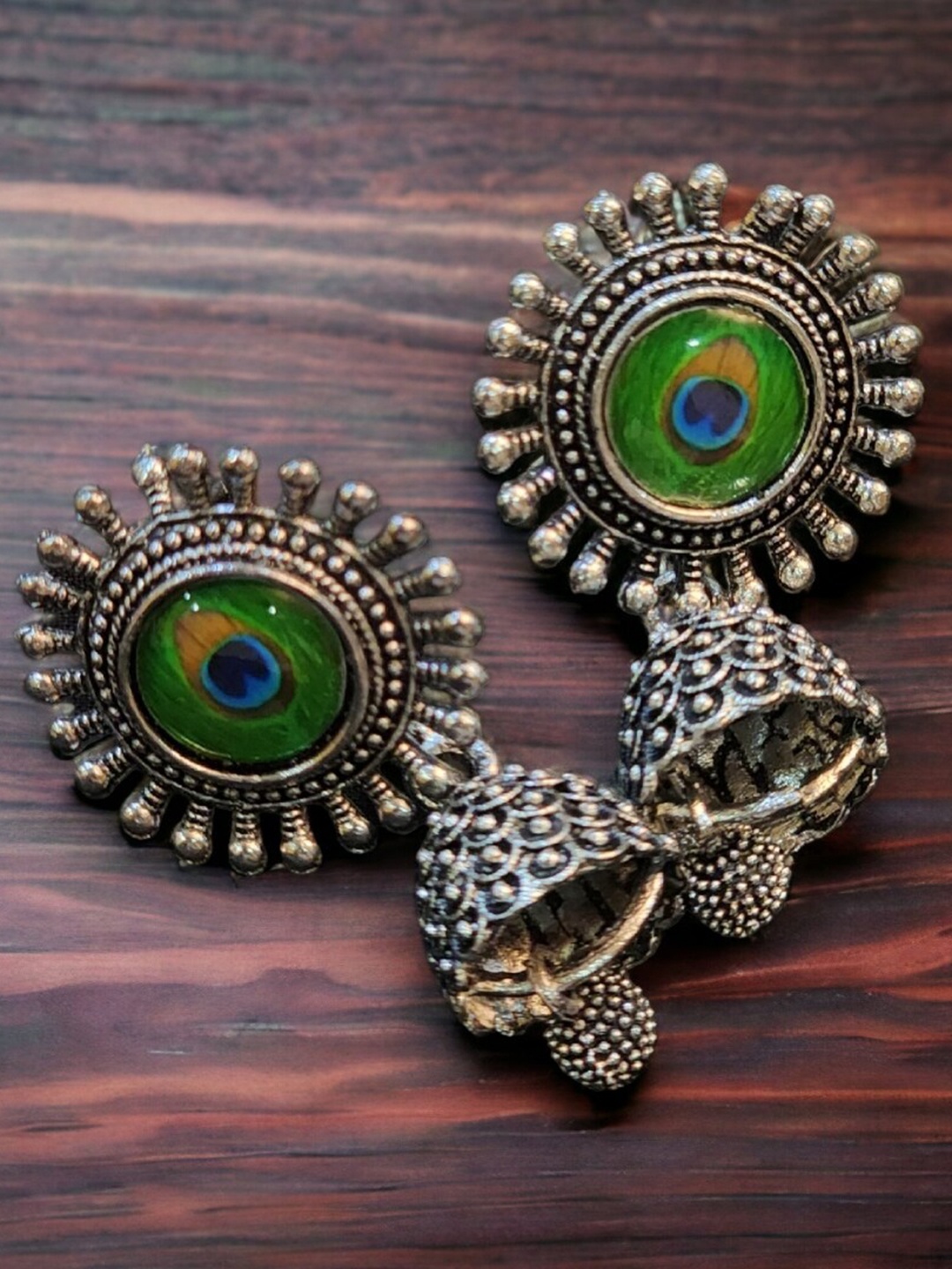 

Goldnera Peacock Shaped Antique Jhumkas, Silver