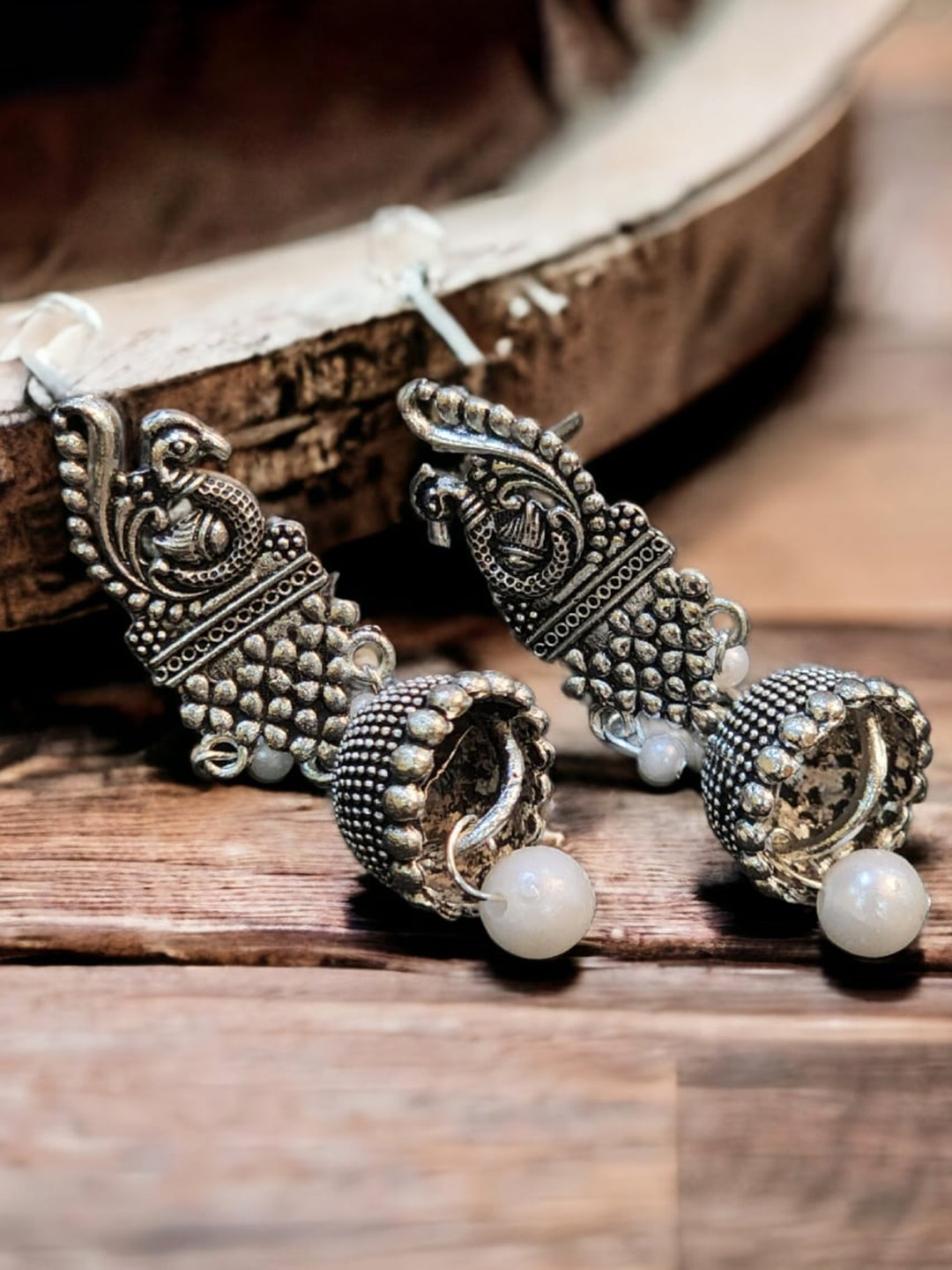 

Goldnera German Silver Peacock Shaped Jhumkas Earrings