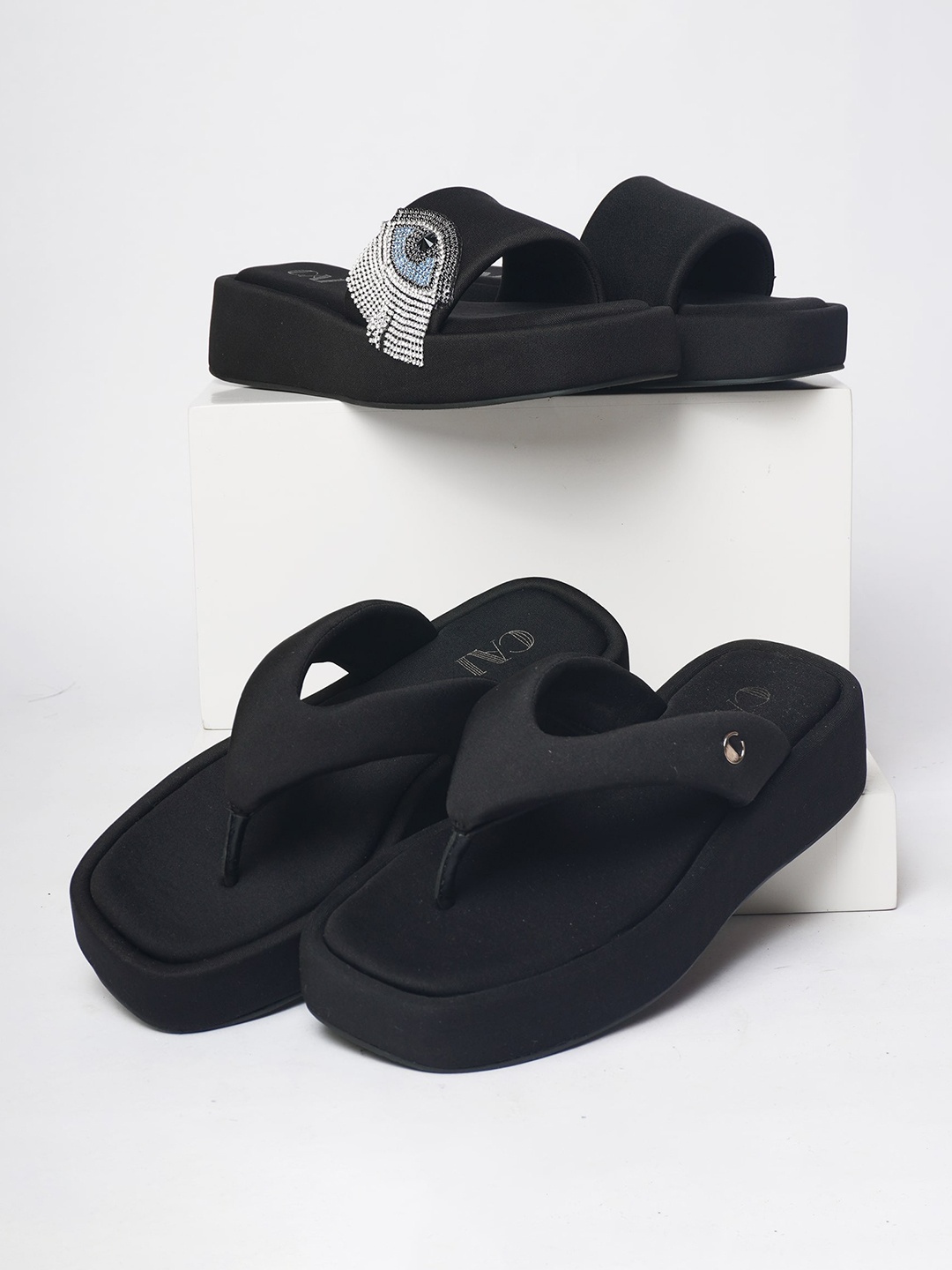 

CAI Open Toe Flatform Heels, Black
