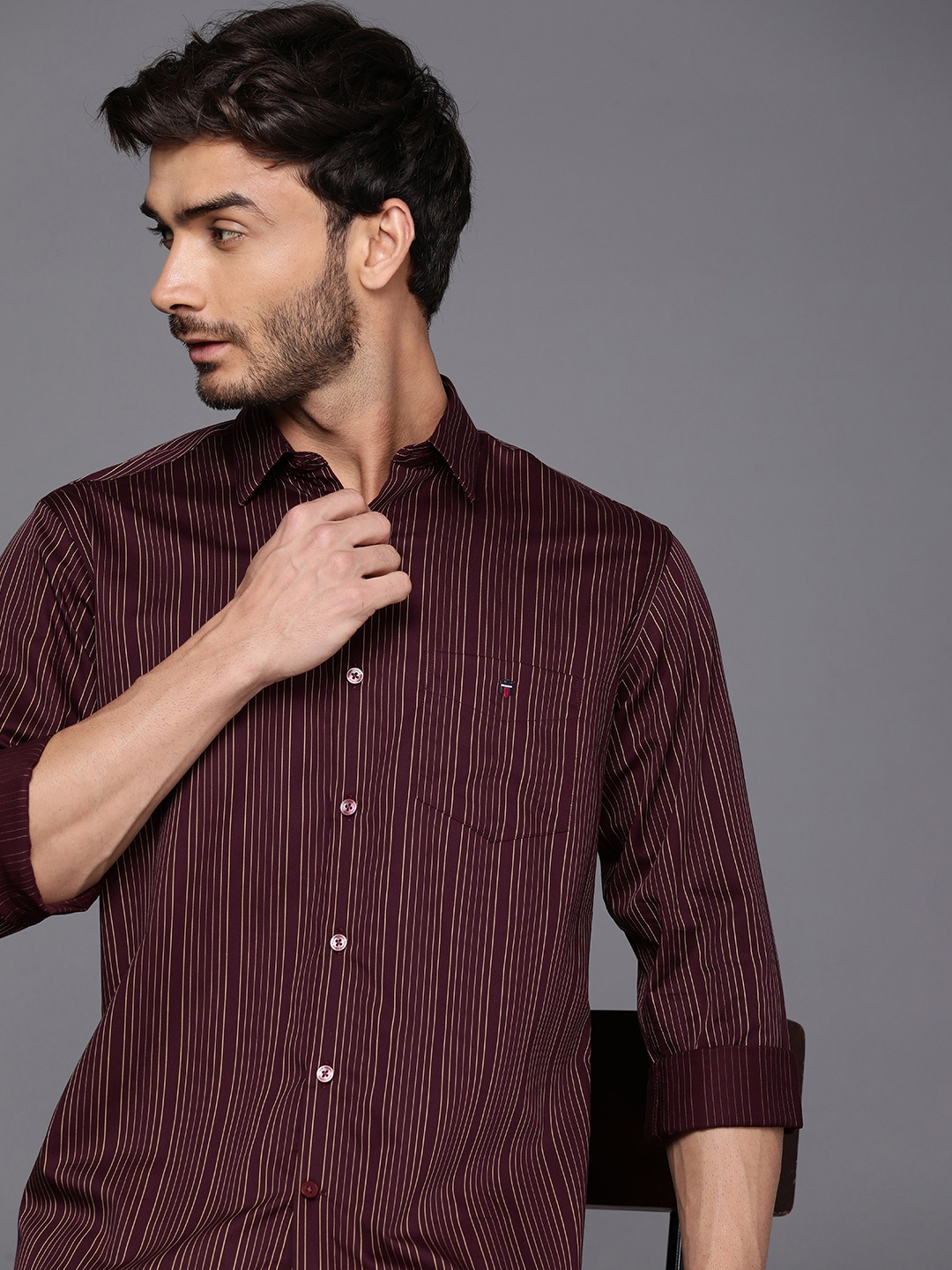 

Louis Philippe Sport Slim Fit Striped Pure Cotton Casual Shirt, Burgundy