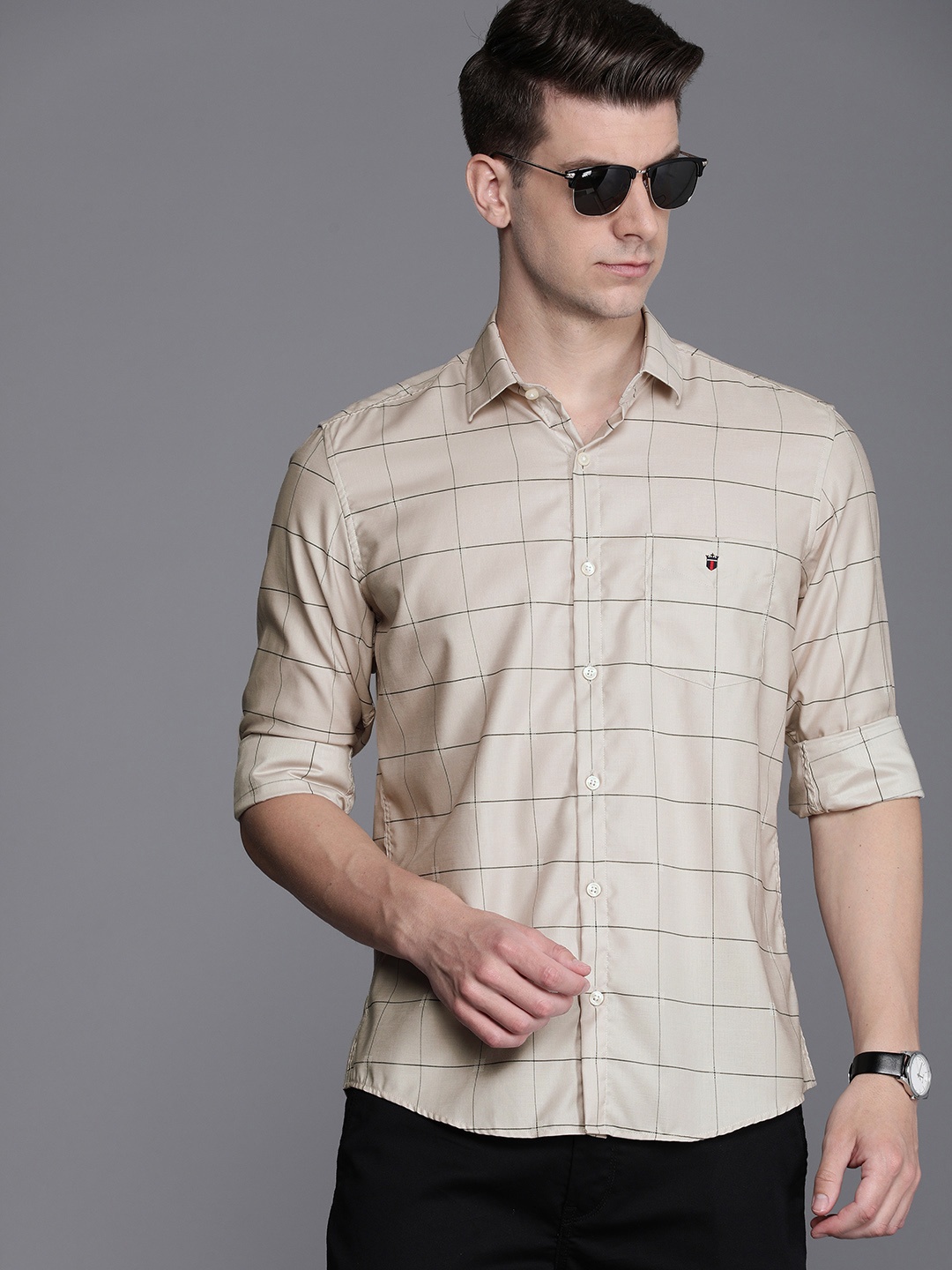 

Louis Philippe Sport Pure Cotton Slim Fit Windowpane Checks Casual Shirt, Beige