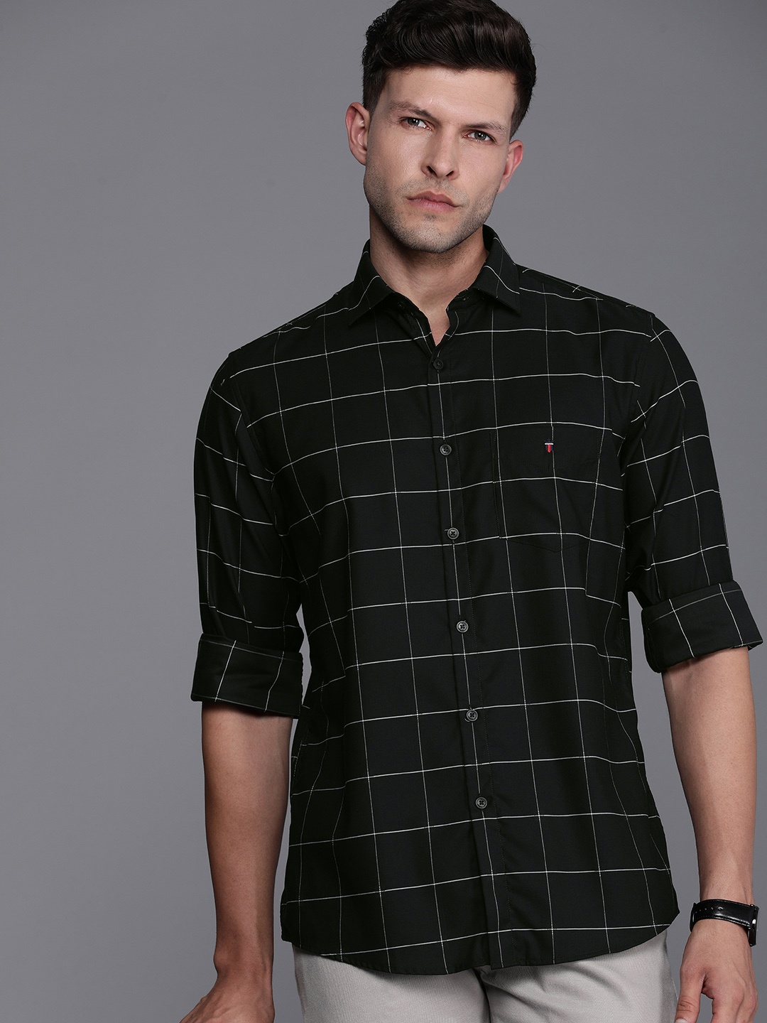 

Louis Philippe Sport Men Pure Cotton Slim Fit Windowpane Checked Casual Shirt, Black