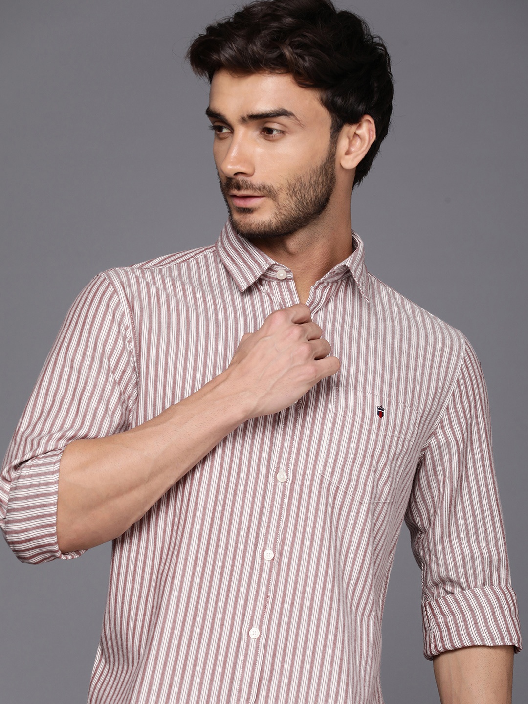 

Louis Philippe Sport Super Slim Fit Striped Pure Cotton Casual Shirt, Rust