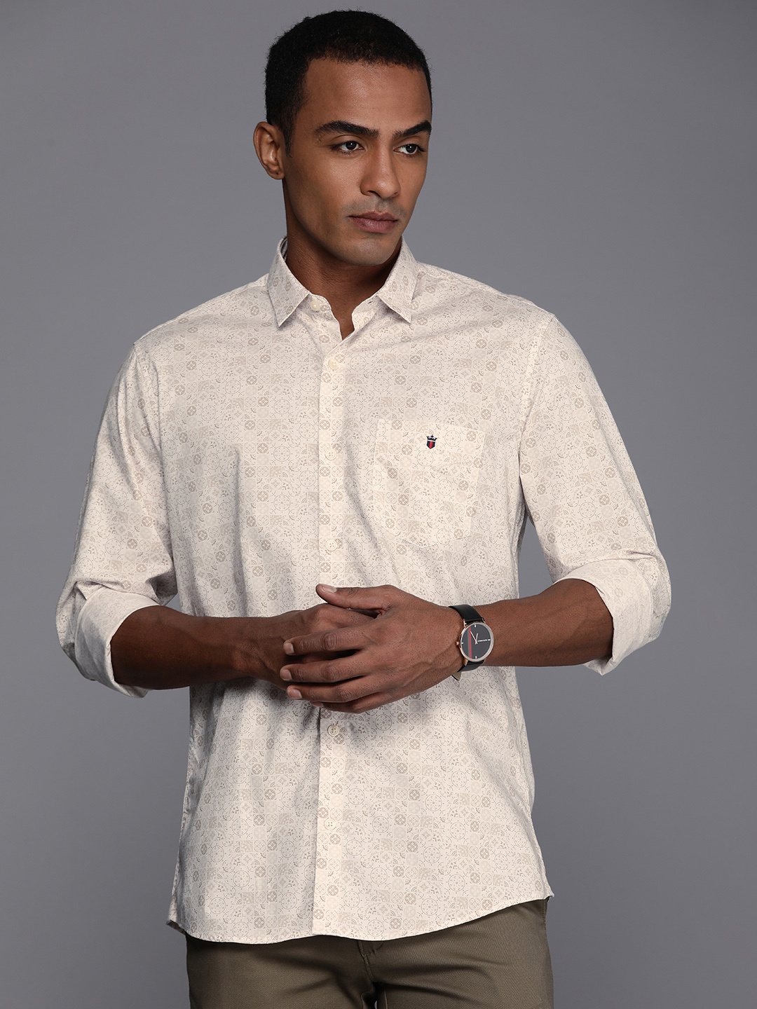 

Louis Philippe Sport Pure Cotton Slim Fit Ethnic Motifs Printed Casual Shirt, Beige