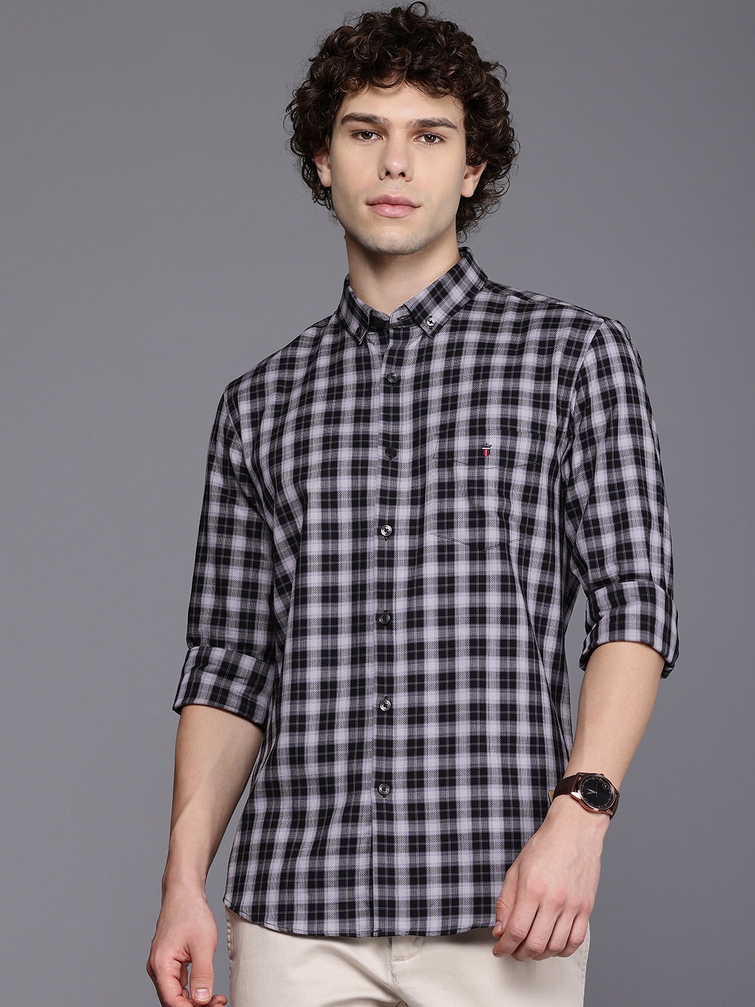 

Louis Philippe Sport Super Slim Fit Checked Pure Cotton Casual Shirt, Black