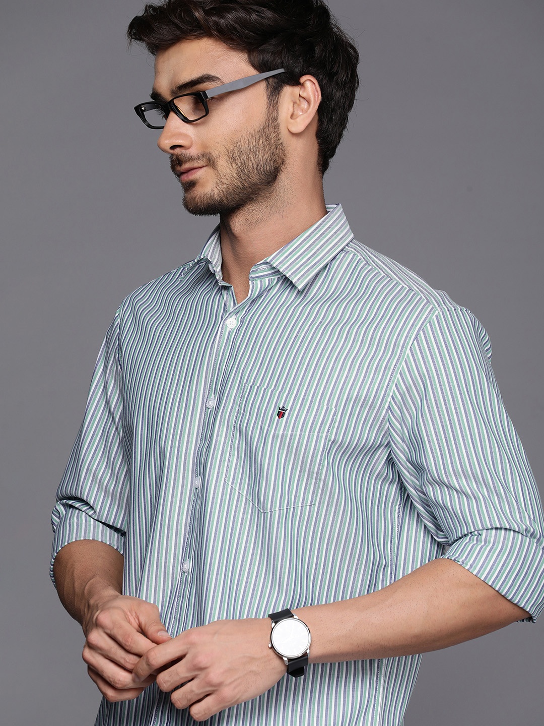 

Louis Philippe Sport Slim Fit Striped Pure Cotton Casual Shirt, Green