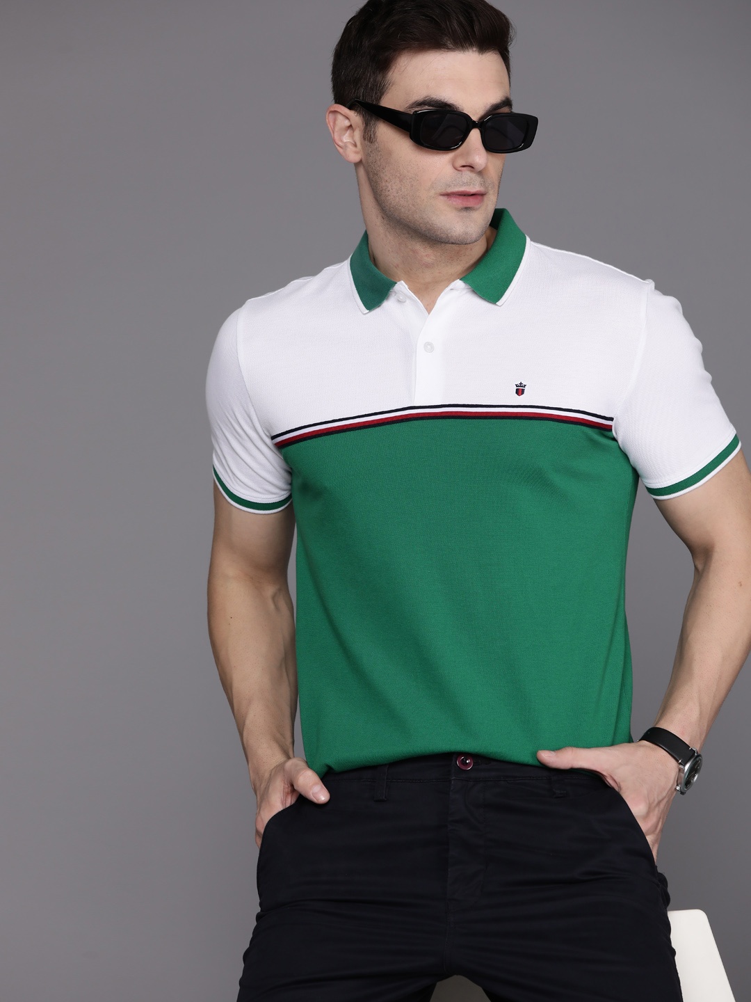 

Louis Philippe Sport Polo Collar Colourblocked Pure Cotton Slim Fit T-shirt, Green