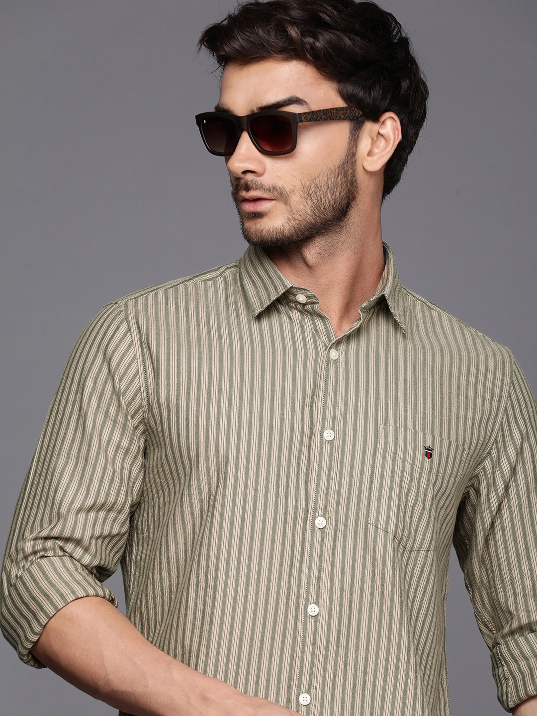 

Louis Philippe Sport Super Slim Fit Striped Pure Cotton Casual Shirt, Olive