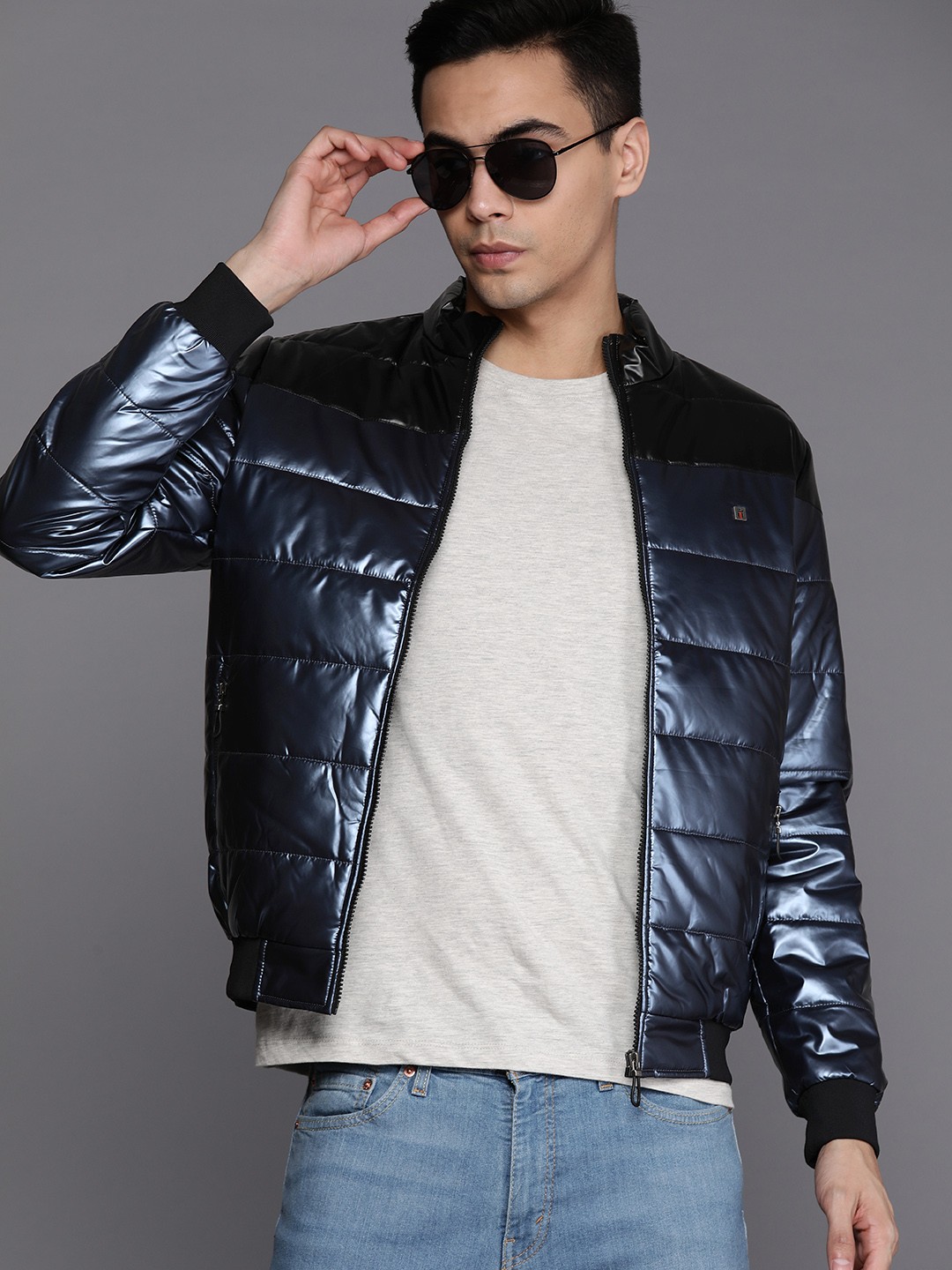 

Louis Philippe Sport Colourblocked Faux Leather Padded Jacket, Blue