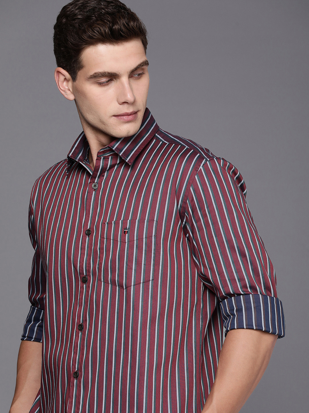 

Louis Philippe Sport Slim Fit Striped Pure Cotton Casual Shirt, Maroon