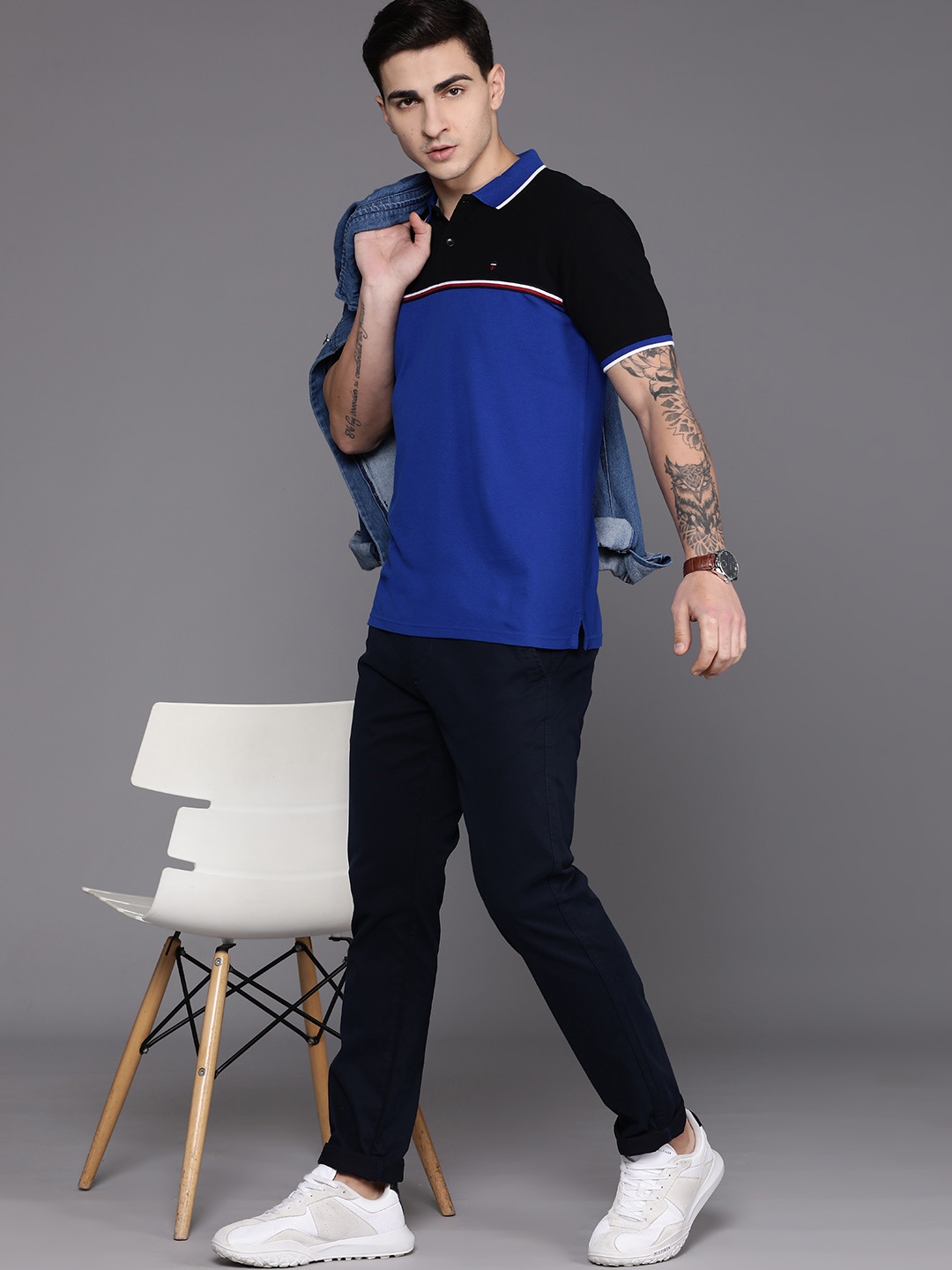 

Louis Philippe Sport Polo Collar Colourblocked Pure Cotton Slim Fit T-shirt, Blue