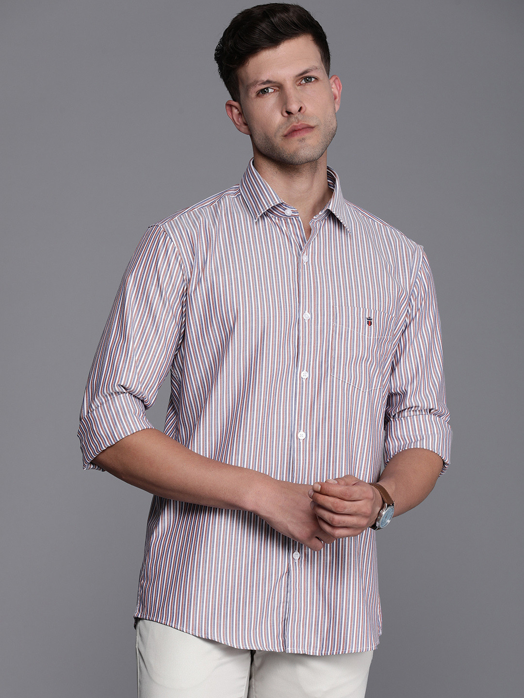 

Louis Philippe Sport Pure Cotton Slim Fit Opaque Striped Casual Shirt, Blue