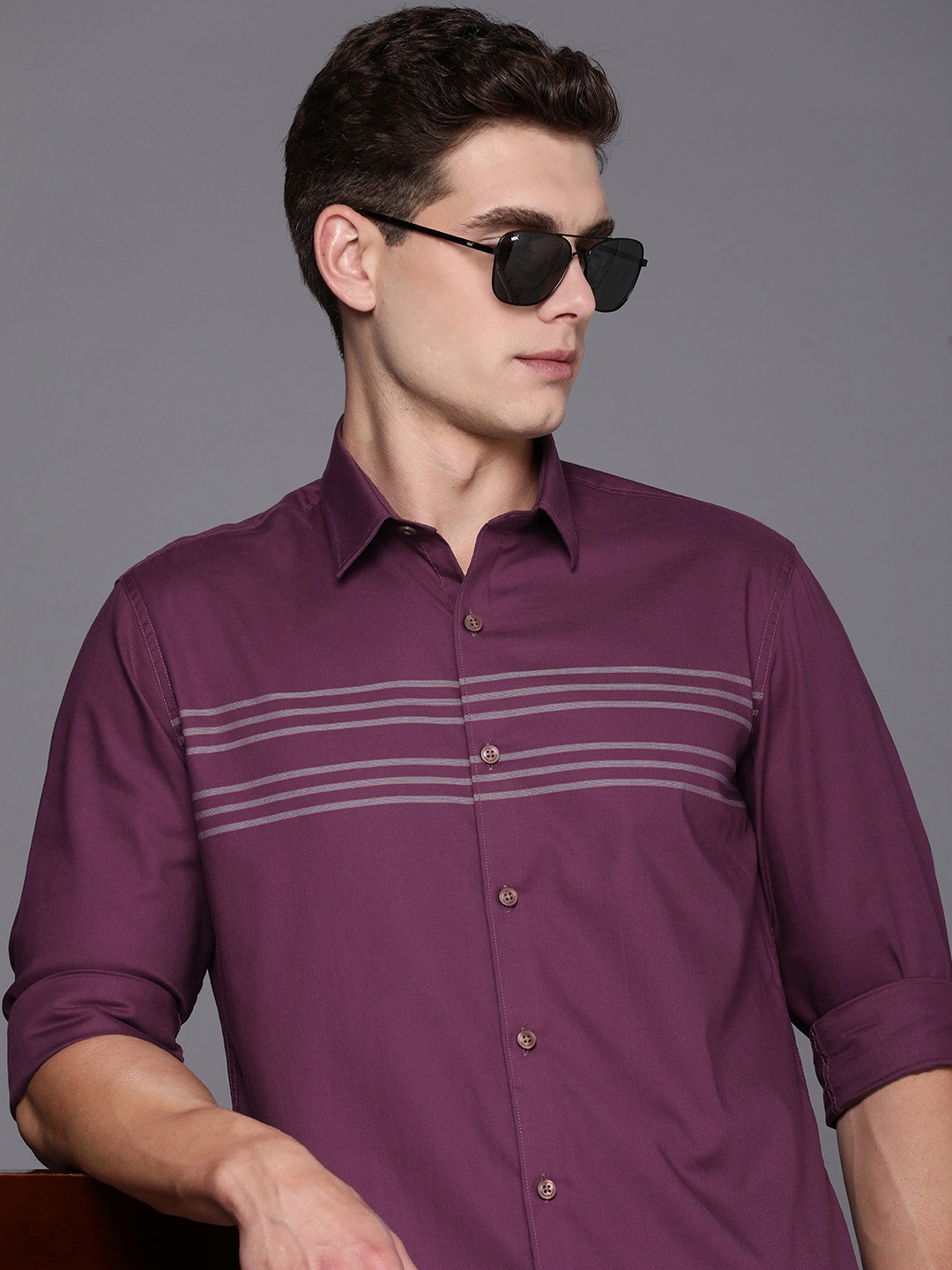 

Louis Philippe Sport Slim Fit Horizontal Striped Pure Cotton Casual Shirt, Purple