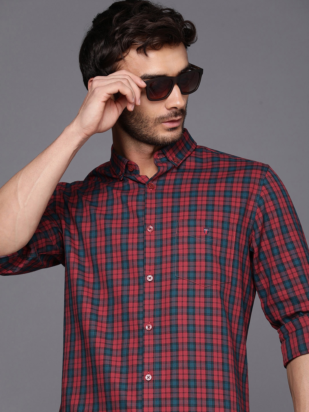 

Louis Philippe Sport Super Slim Fit Checked Pure Cotton Casual Shirt, Red