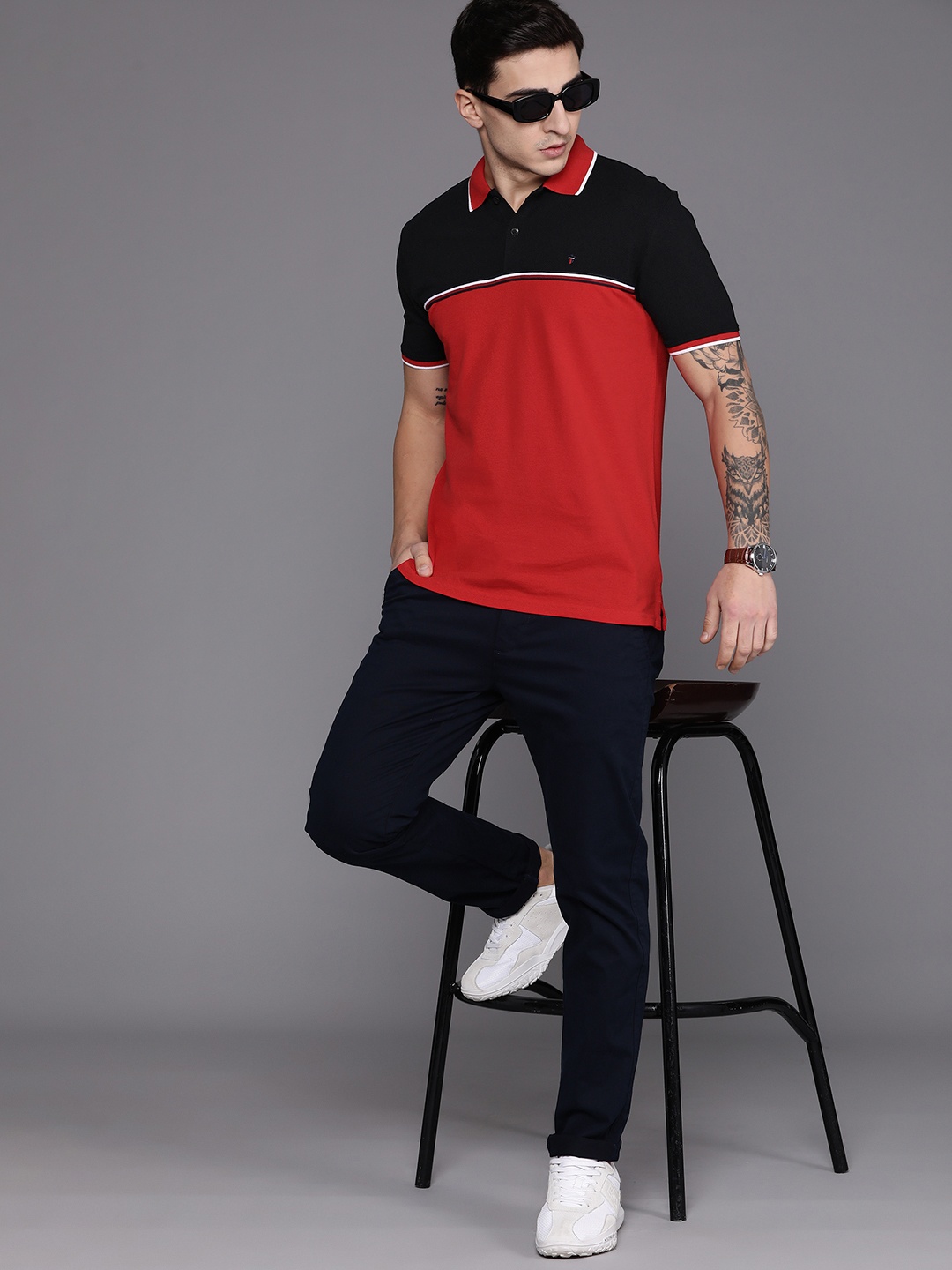 

Louis Philippe Sport Polo Collar Colourblocked Pure Cotton Slim Fit T-shirt, Red