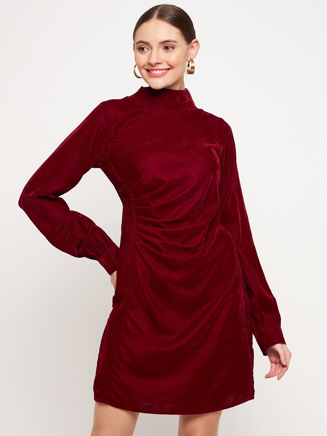 

Imfashini High Neck Gathered Sheath Dress, Maroon