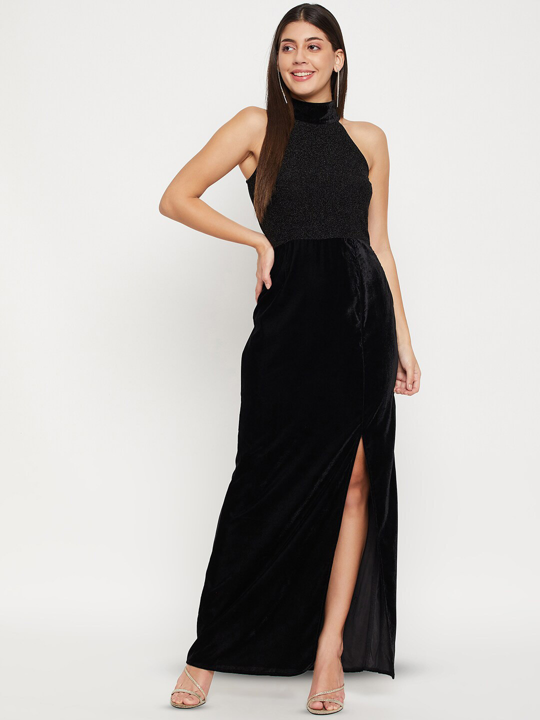

Imfashini Self Design Choker Neck Gathered Maxi Dress, Black