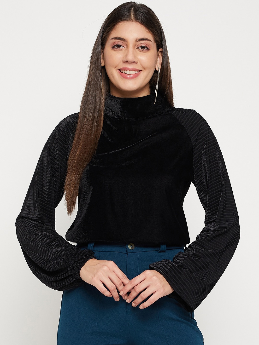 

Imfashini Raglan Sleeves Velvet Top, Black