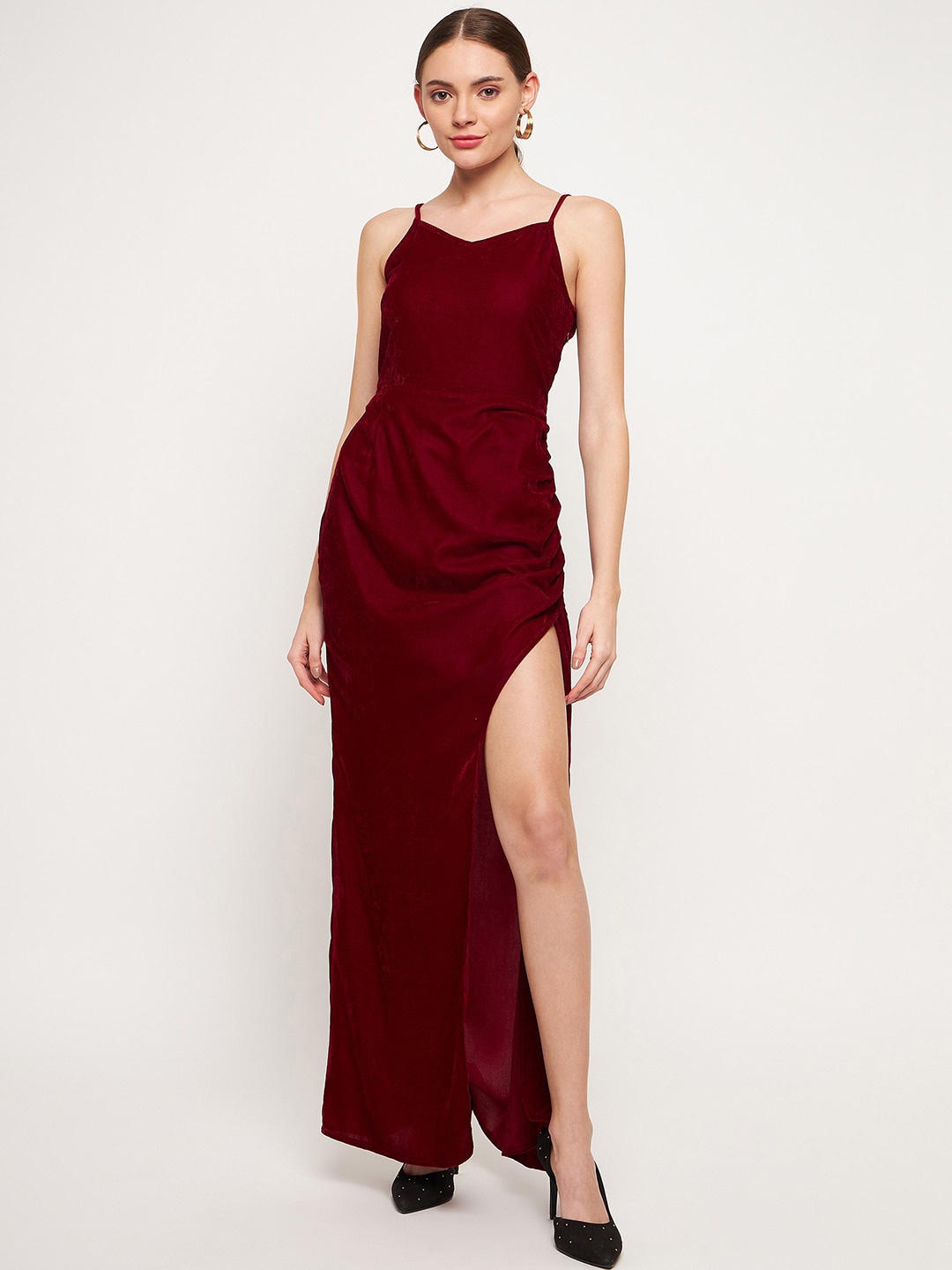 Imfashini Shoulder Strap Gathered Maxi Dress, Maroon