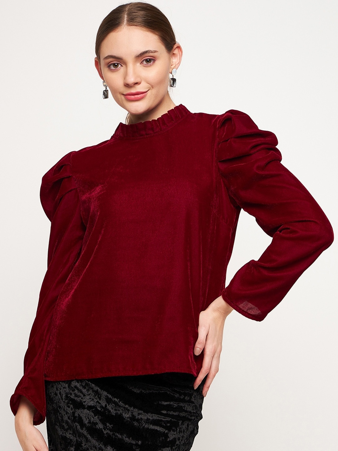 

Imfashini High Neck Velvet Top, Maroon